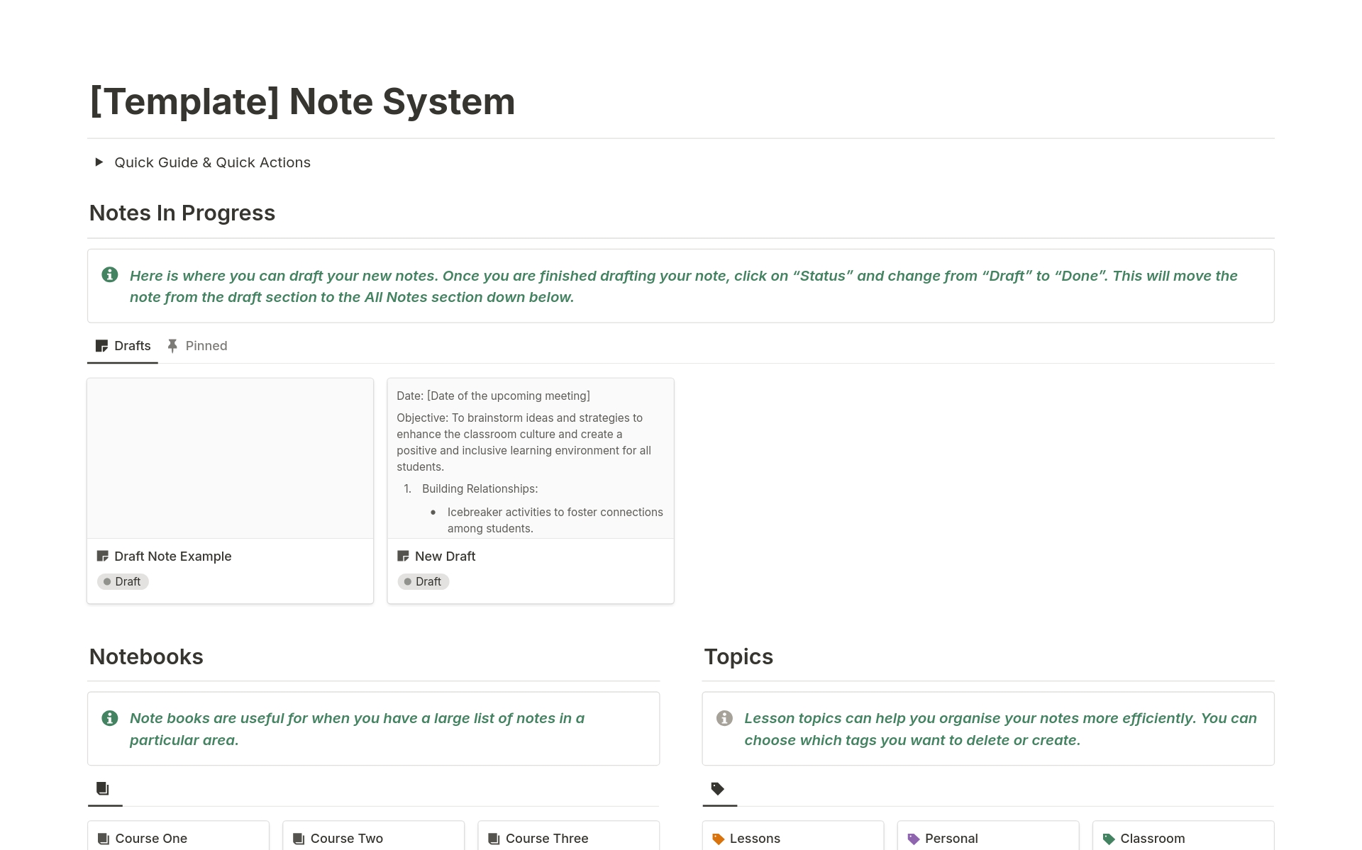 A template preview for Note Tracker System