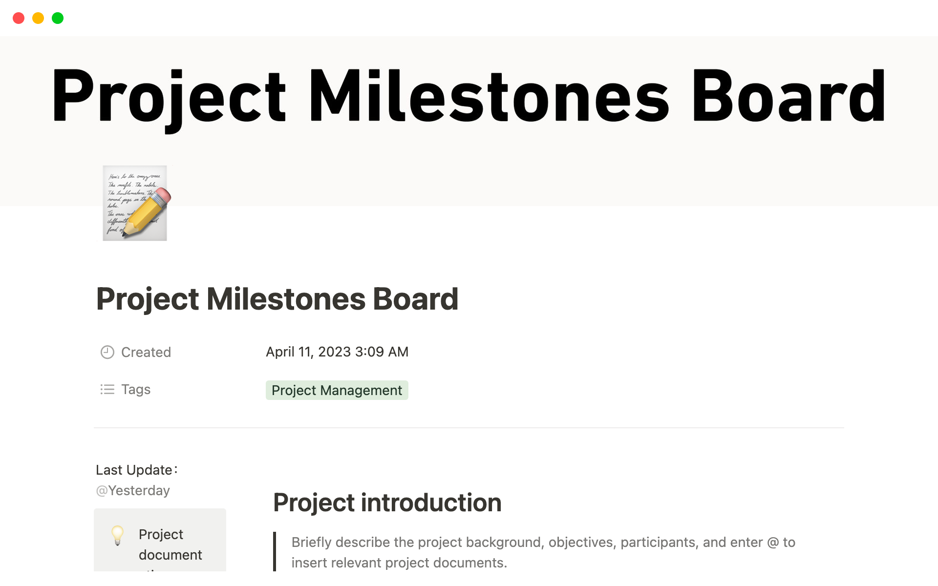 A template preview for Project Milestones Board