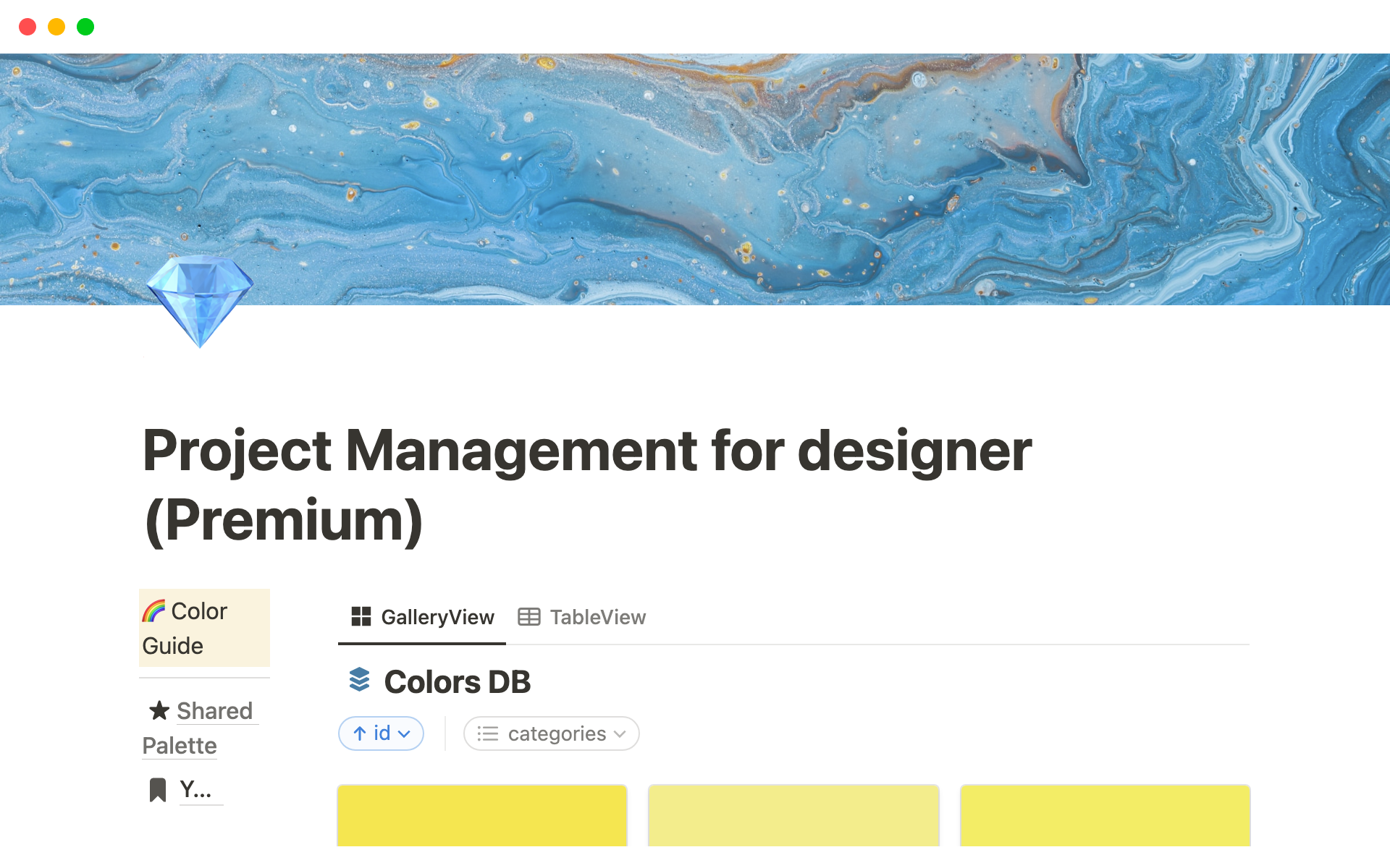 En förhandsgranskning av mallen för Project Management for designer (Premium)