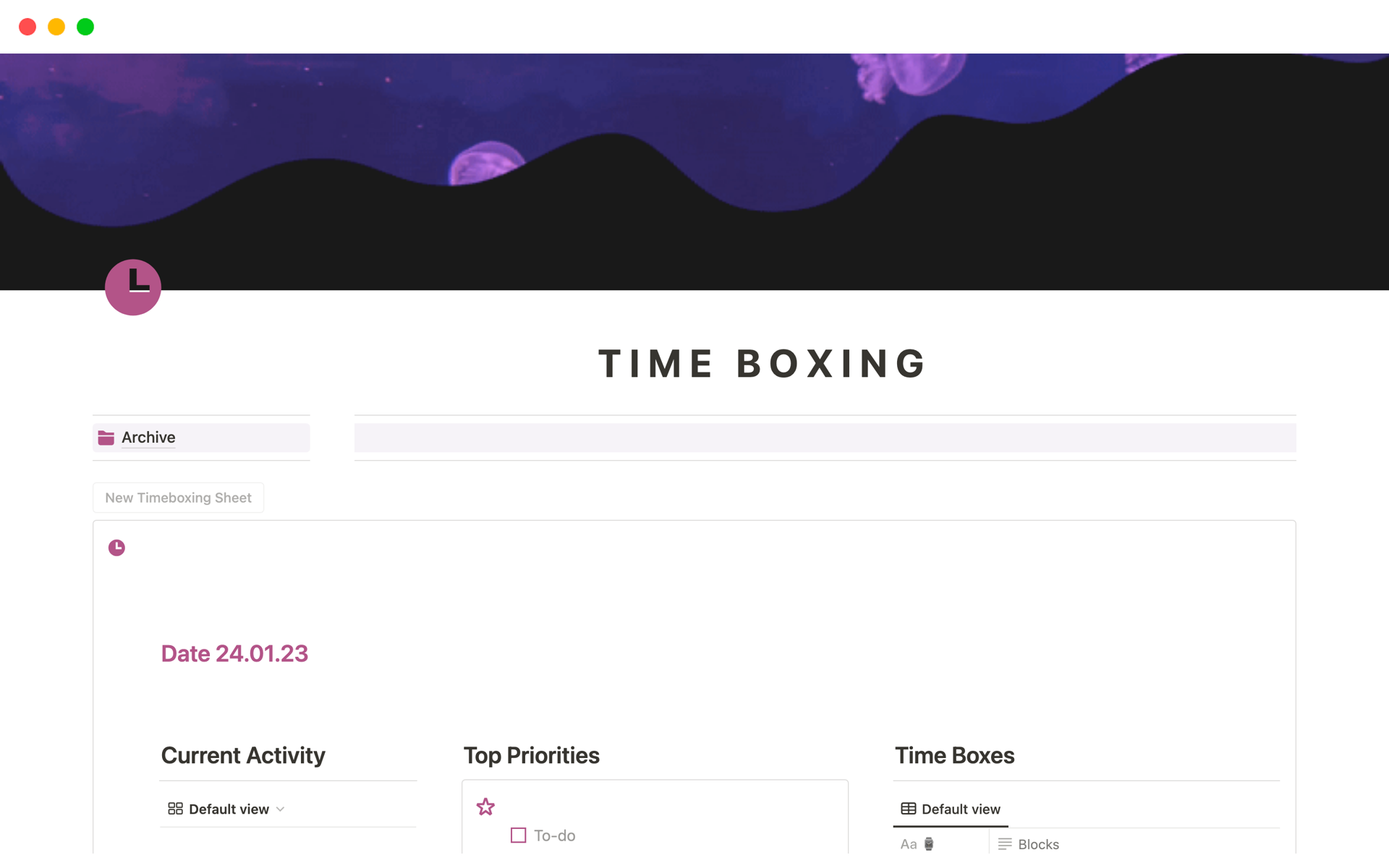 A template preview for Time Boxing Planner