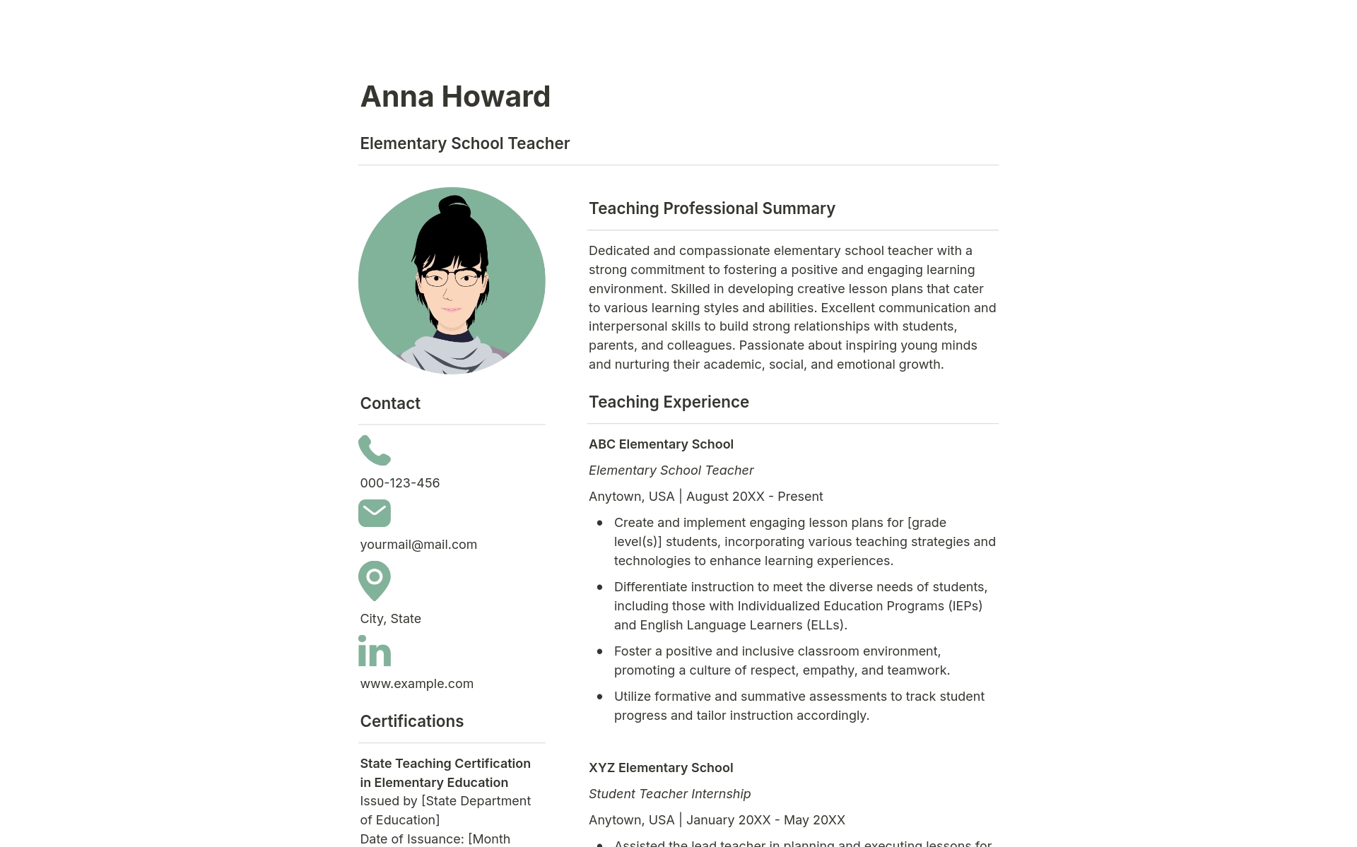 A template preview for Green Teacher Resume + Cover Letter + References