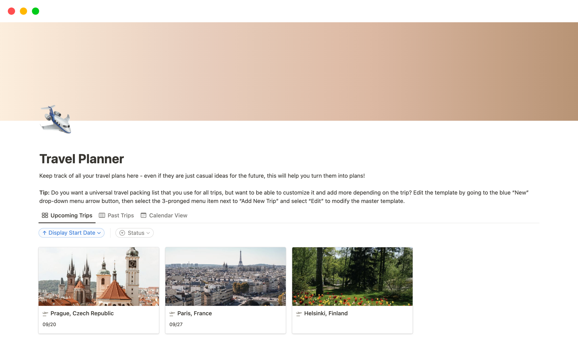 A template preview for Notion Travel Template & Packing List
