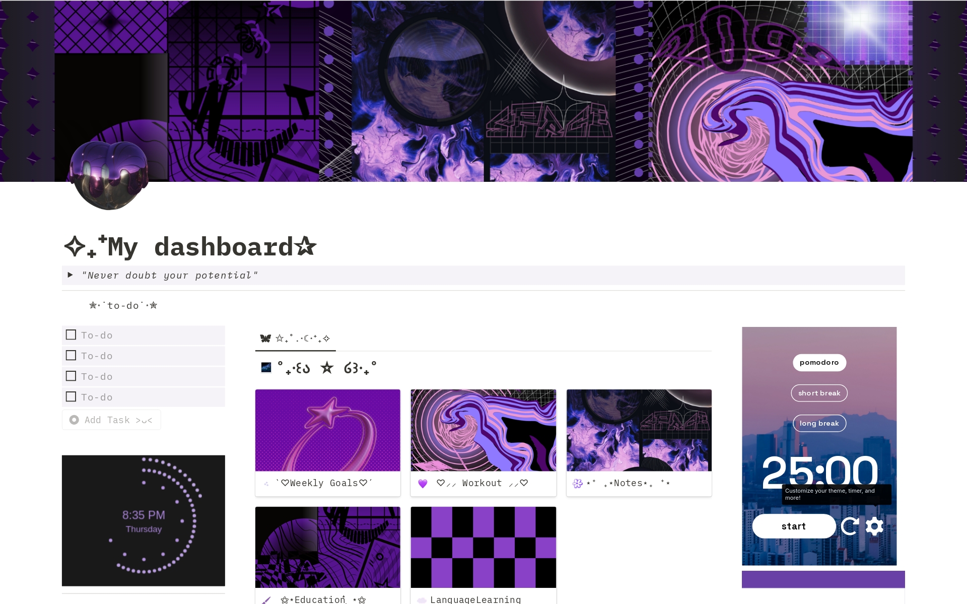 A template preview for Purple Personal Dashboard