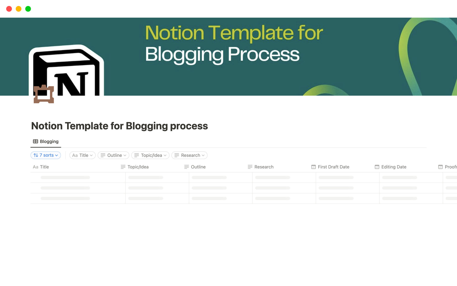 Streamline your blogging journey with our comprehensive Notion template for Blogging Process. From ideation to publication, stay organized, track progress, and boost productivity. Take control of your blogging workflow and achieve success with our intuitive template.