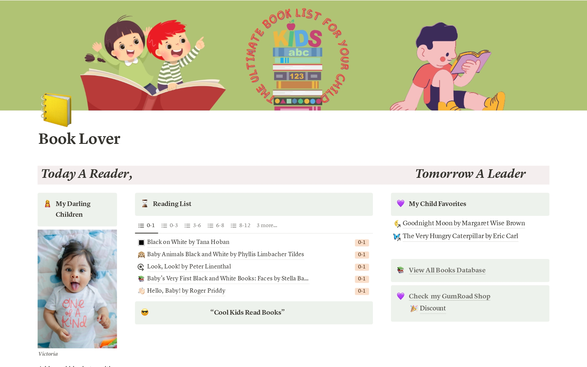 Carefully Curated Book Recommendations sorted by Age category. Tracking books for multiple children is also supported in this template.