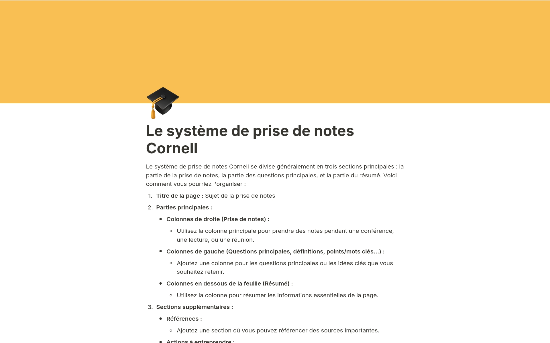 A template preview for Le système de prise de notes Cornell