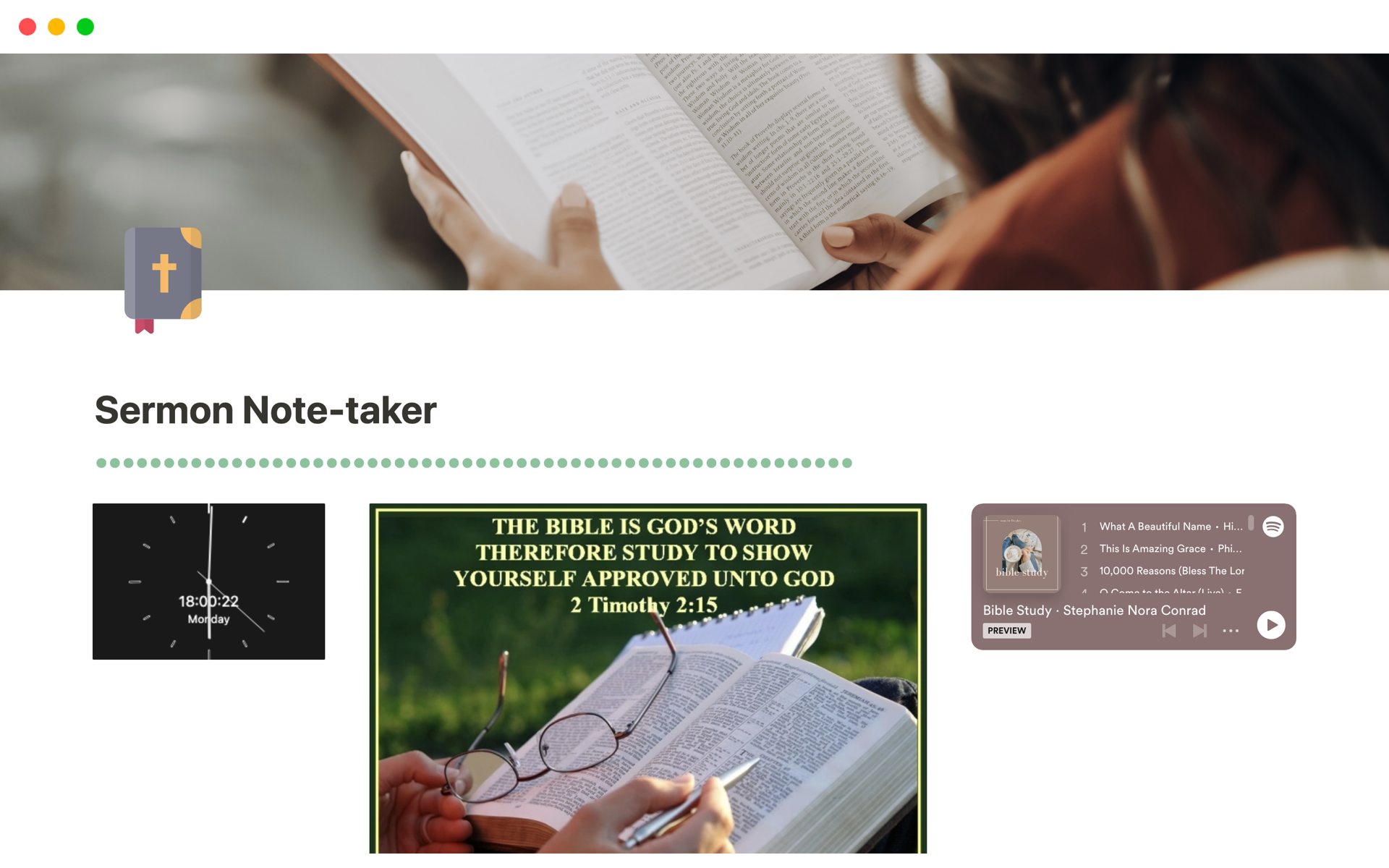 The Sermon Note-taker notion template is a simple and easy-to-use tool that helps you capture the main points, insights, and questions from your sermons. 