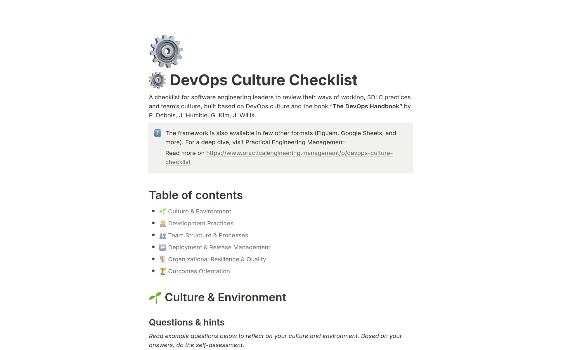 Vista previa de una plantilla para DevOps Culture Checklist for Engineering Leaders