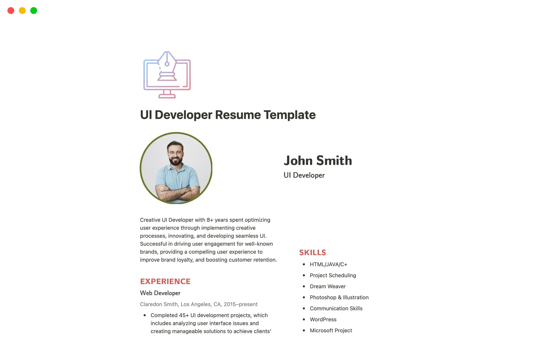 A template preview for UI Developer Resume