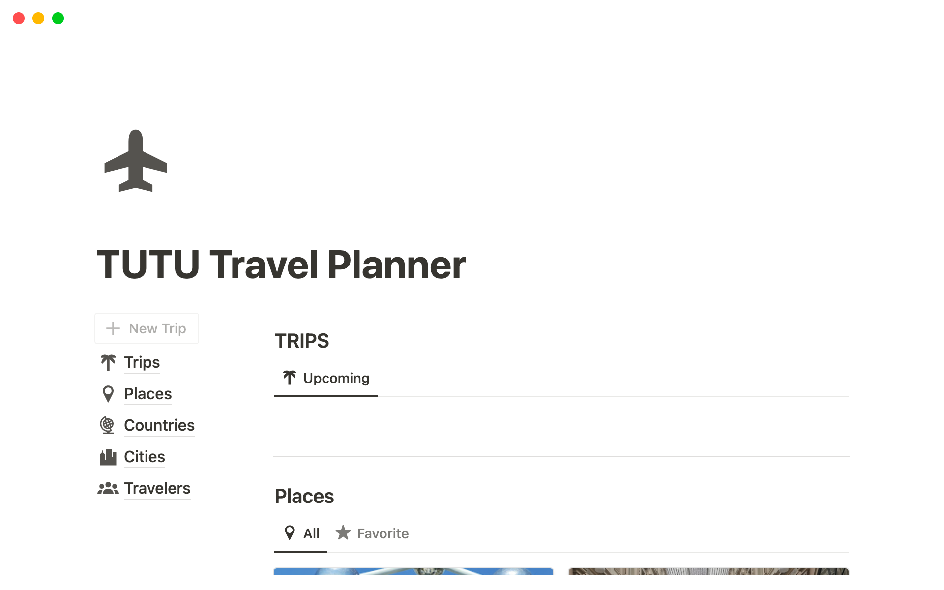 A template preview for TUTU Notion Travel Planner