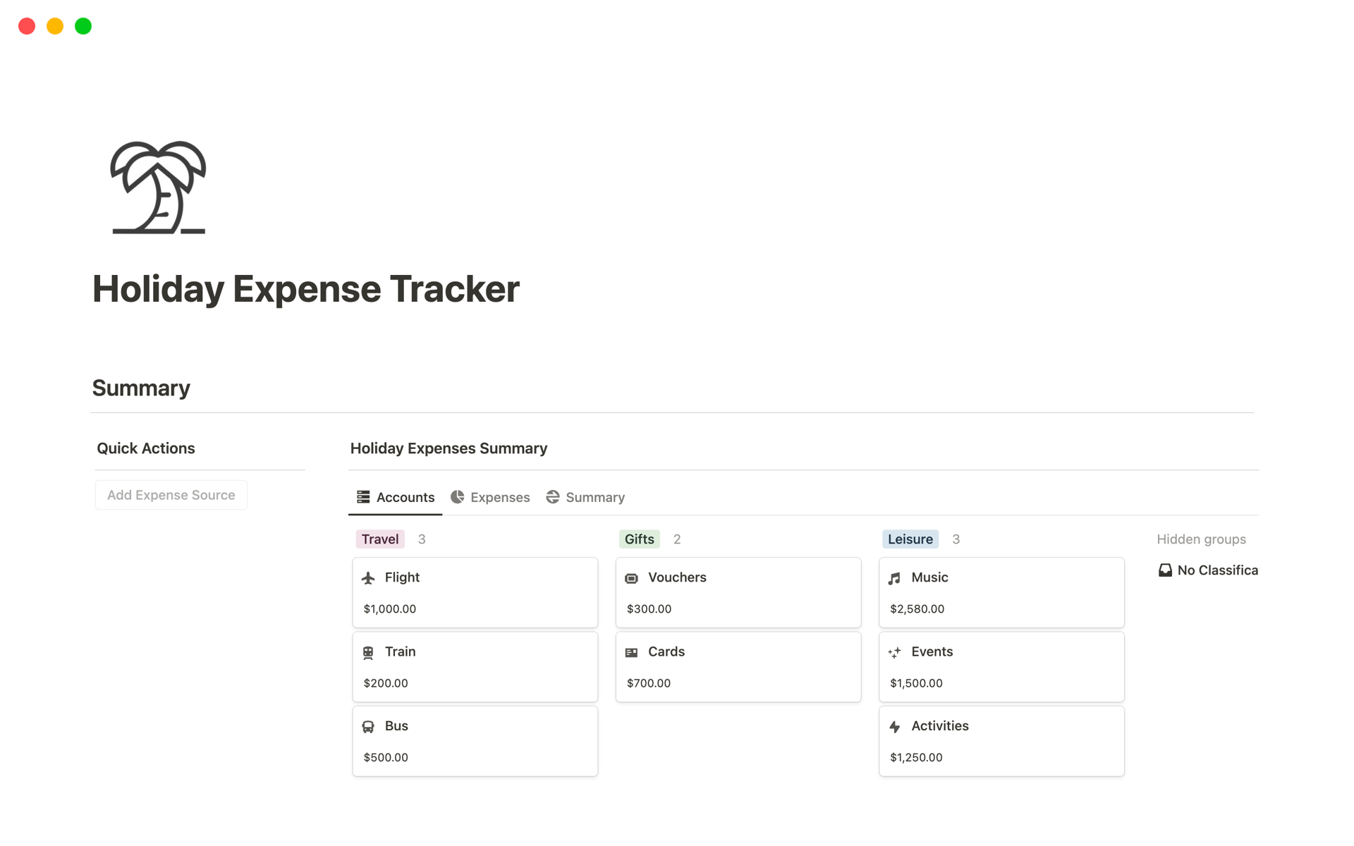 A template preview for Holiday Expense Tracker