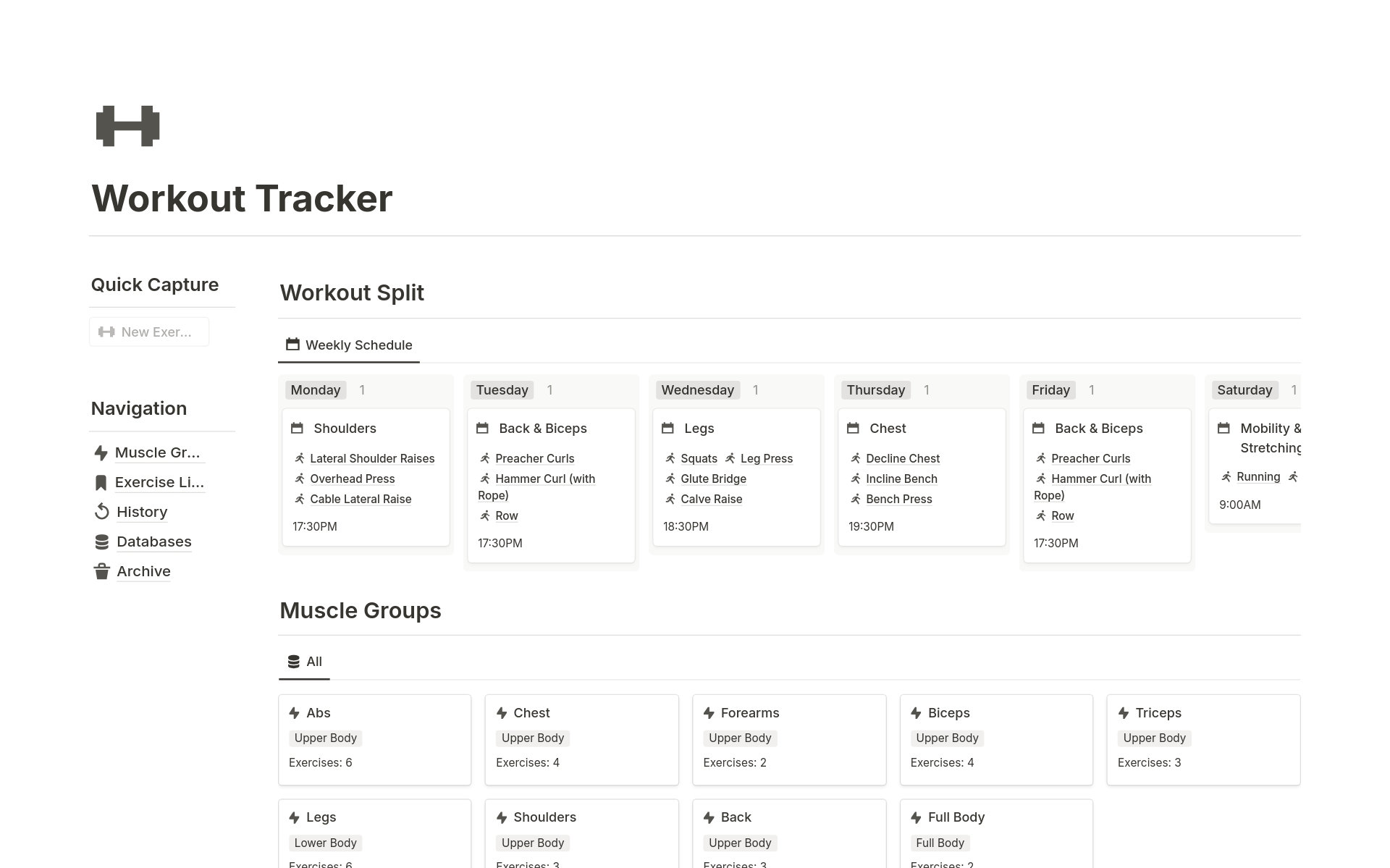 Eine Vorlagenvorschau für Workout Tracker