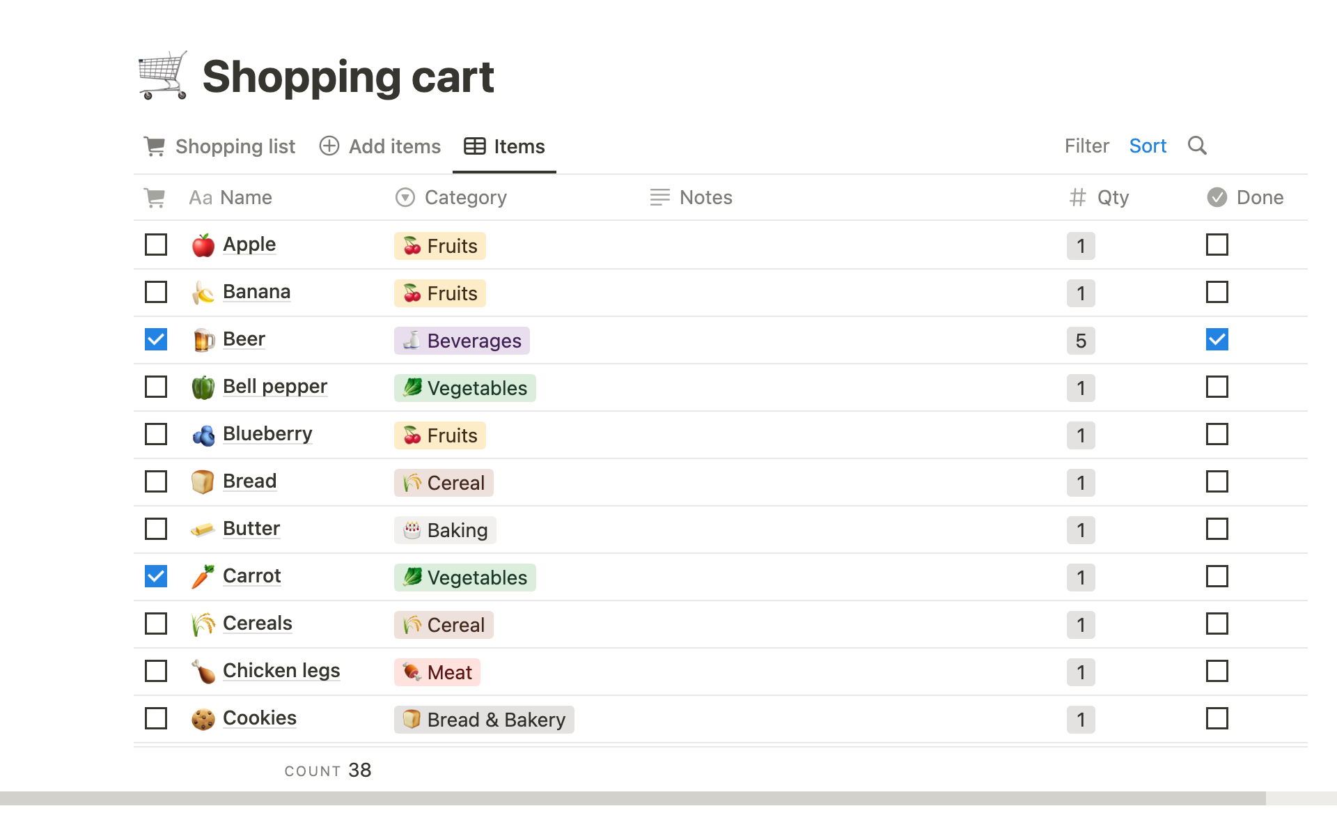 A template preview for Simple shopping list