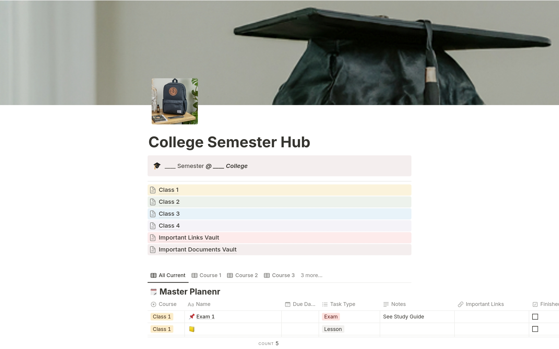 A template preview for College Semester Hub