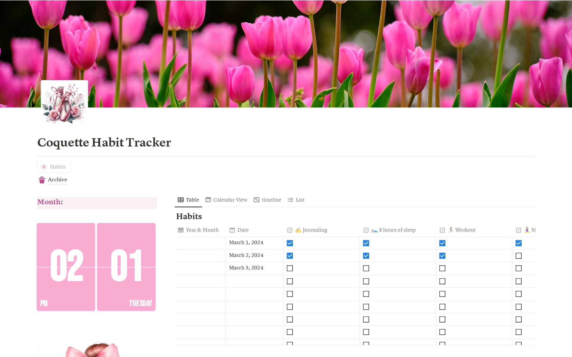 Elevate your daily routines with our Coquette-inspired Notion Habit Tracker Template. Experience a touch of elegance in tracking your habits effortlessly with this minimalistic and user-friendly template. Tailor your habits to the charming Coquette aesthetic, bringing a delightfu