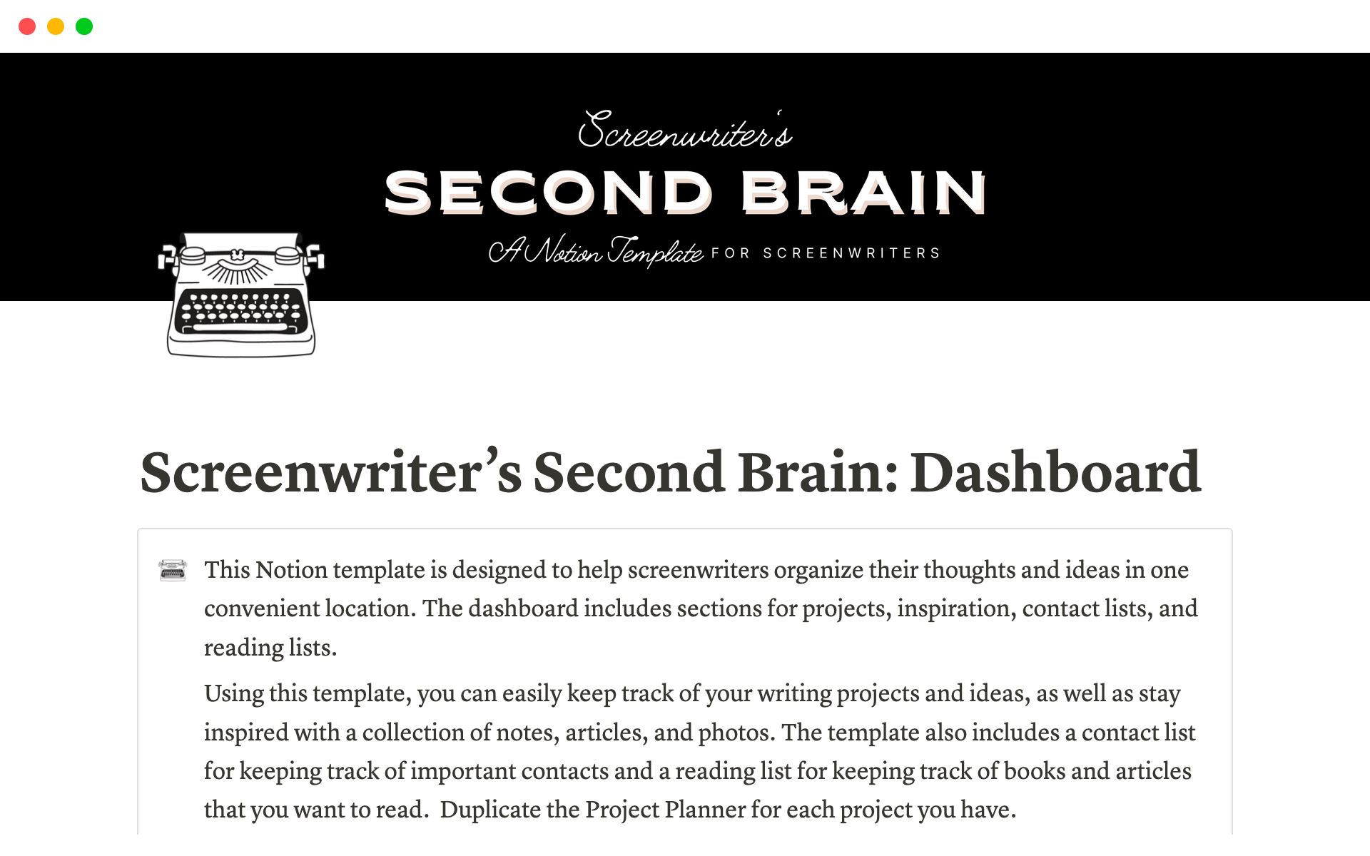 A template preview for Screenwriter's Hub: A Second Brain and Project Planner for Screenwriters