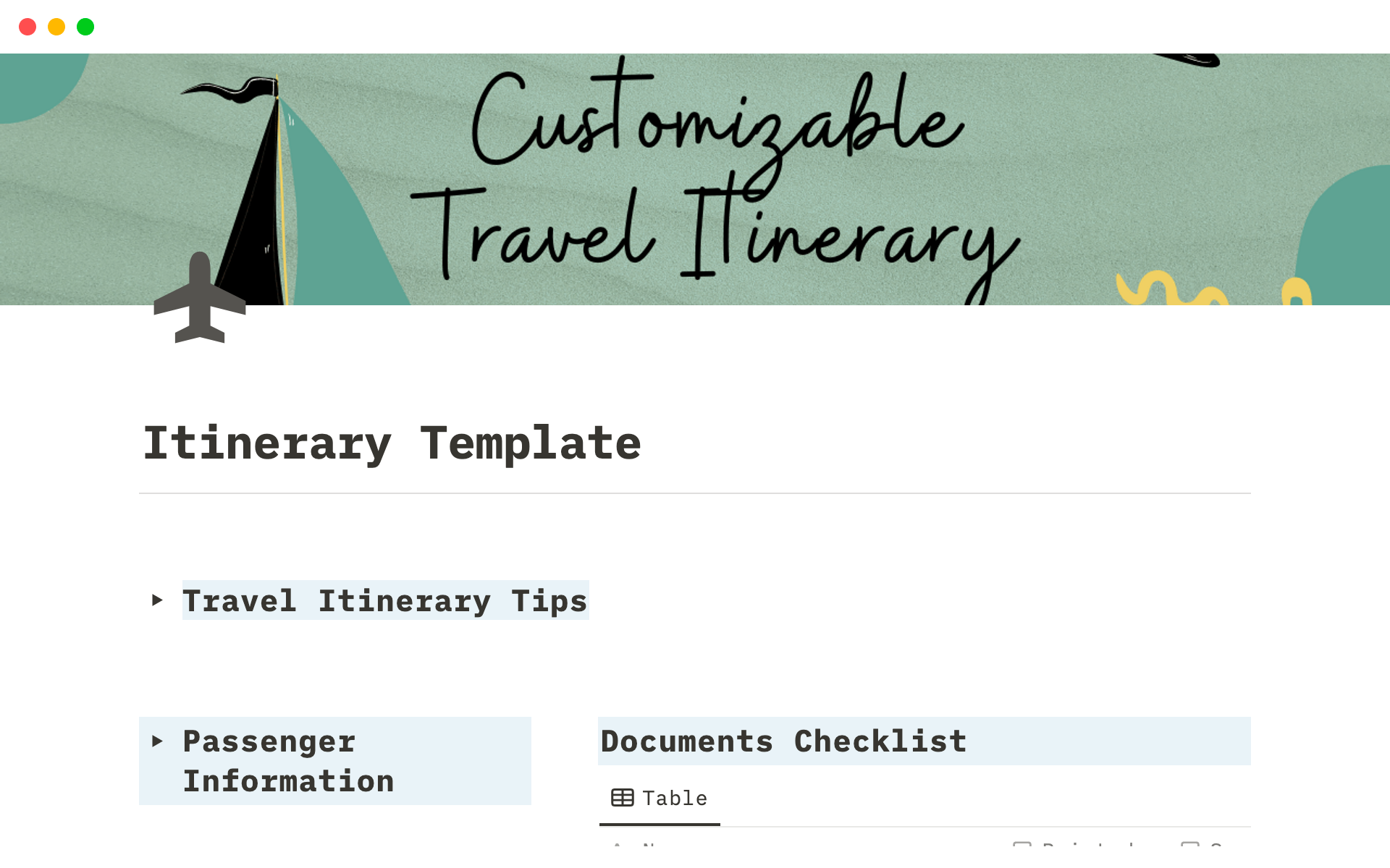 Vista previa de plantilla para Customizable Travel Itinerary