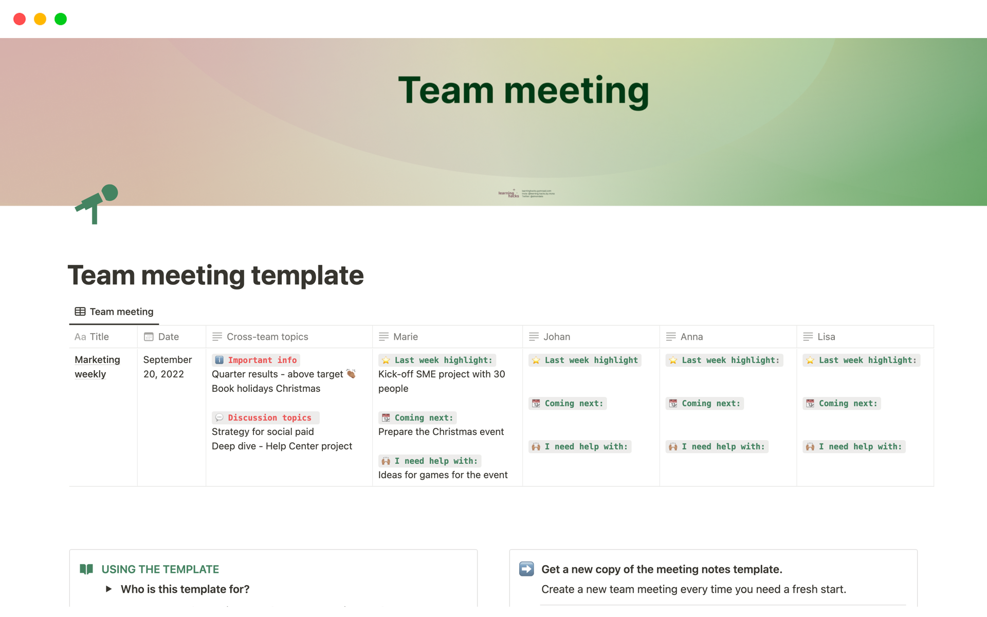 A template preview for Team meeting template