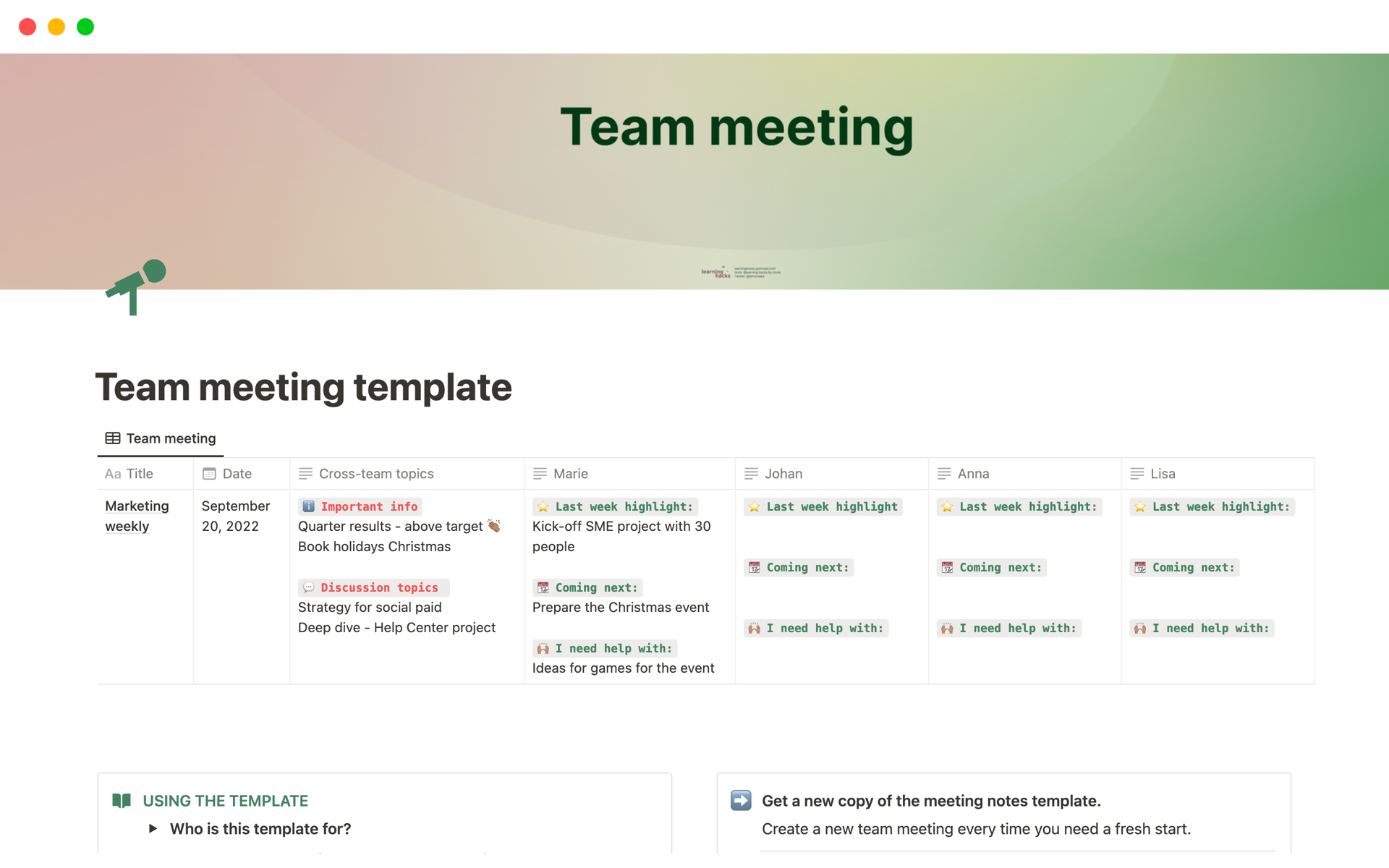 En forhåndsvisning av mal for Team meeting template