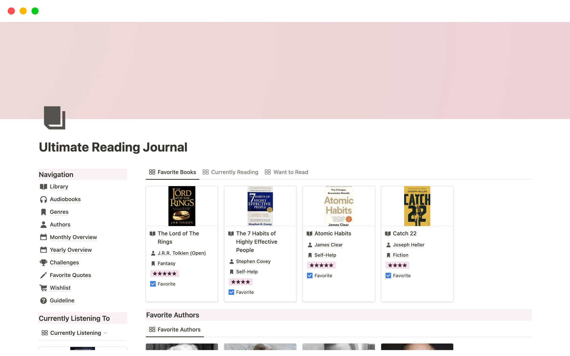 Eine Vorlagenvorschau für Ultimate Reading Journal Tracker