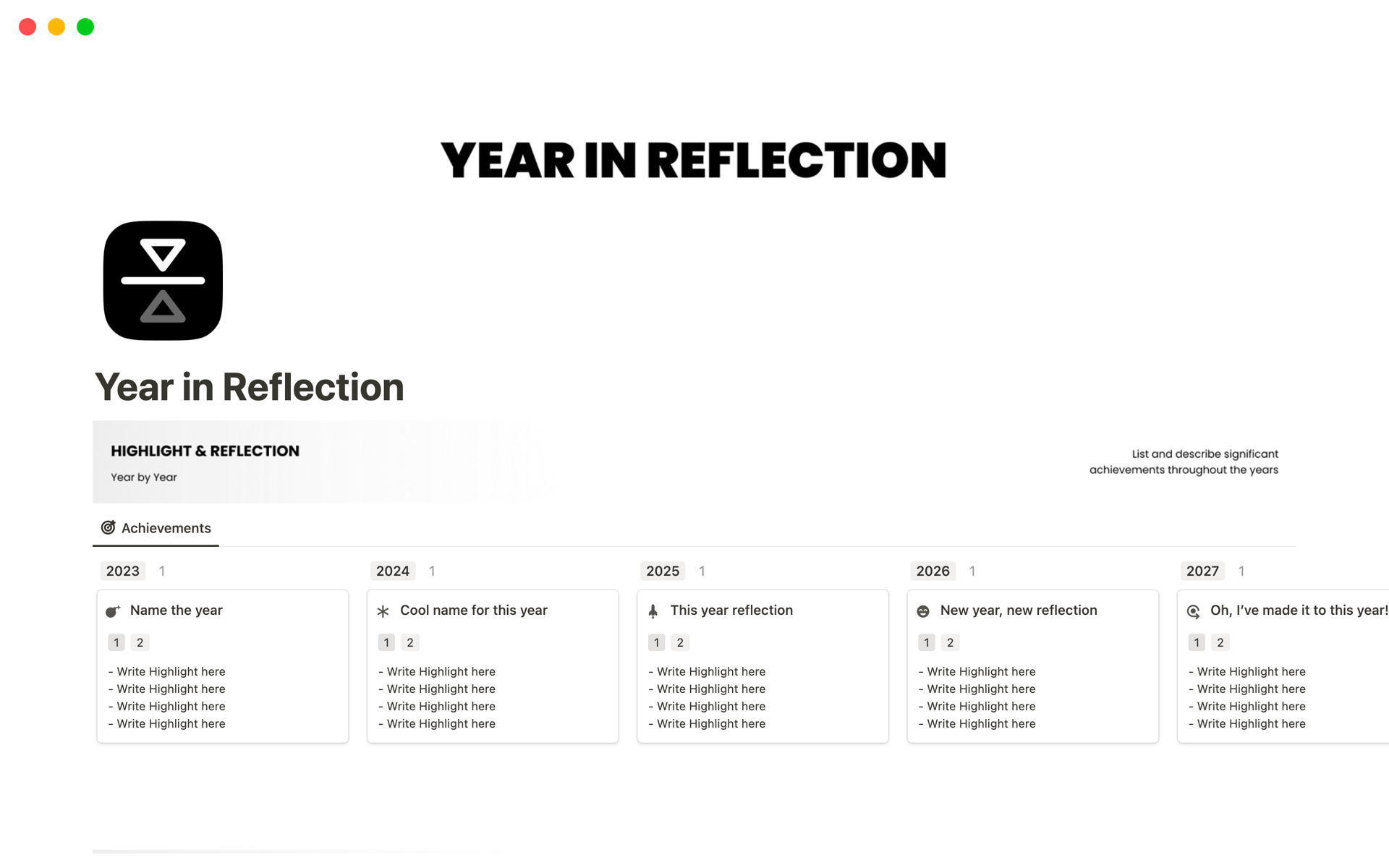 A template preview for Year in Reflection (Yearly Review, Annual Review)