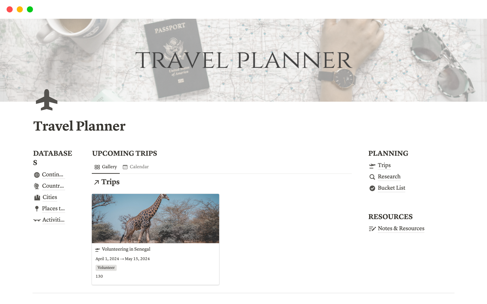 Travel Plannerのテンプレートのプレビュー