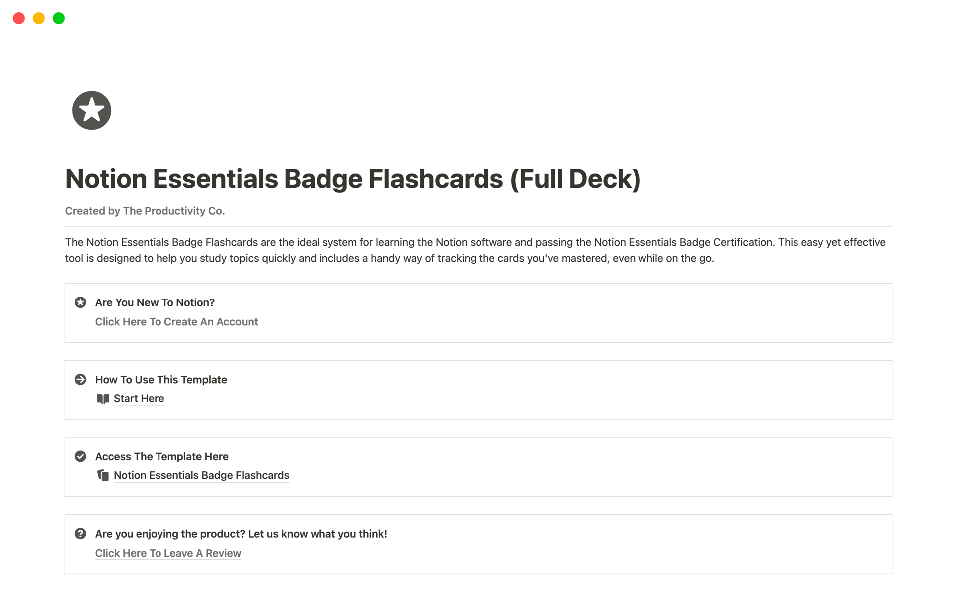 A template preview for Notion Essentials Badge Flashcards (Full Deck)