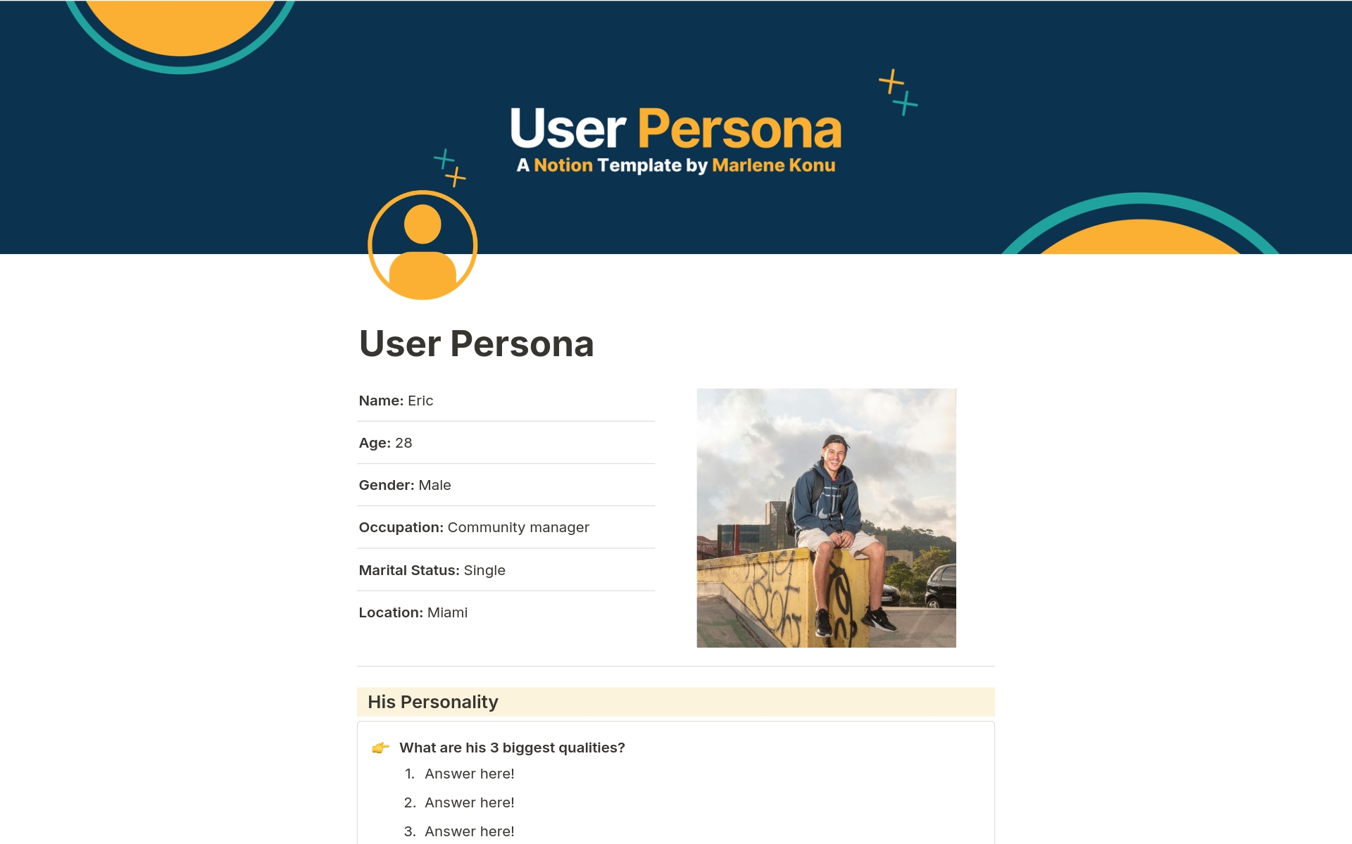 Vista previa de una plantilla para User Persona Notion Template & Workbook