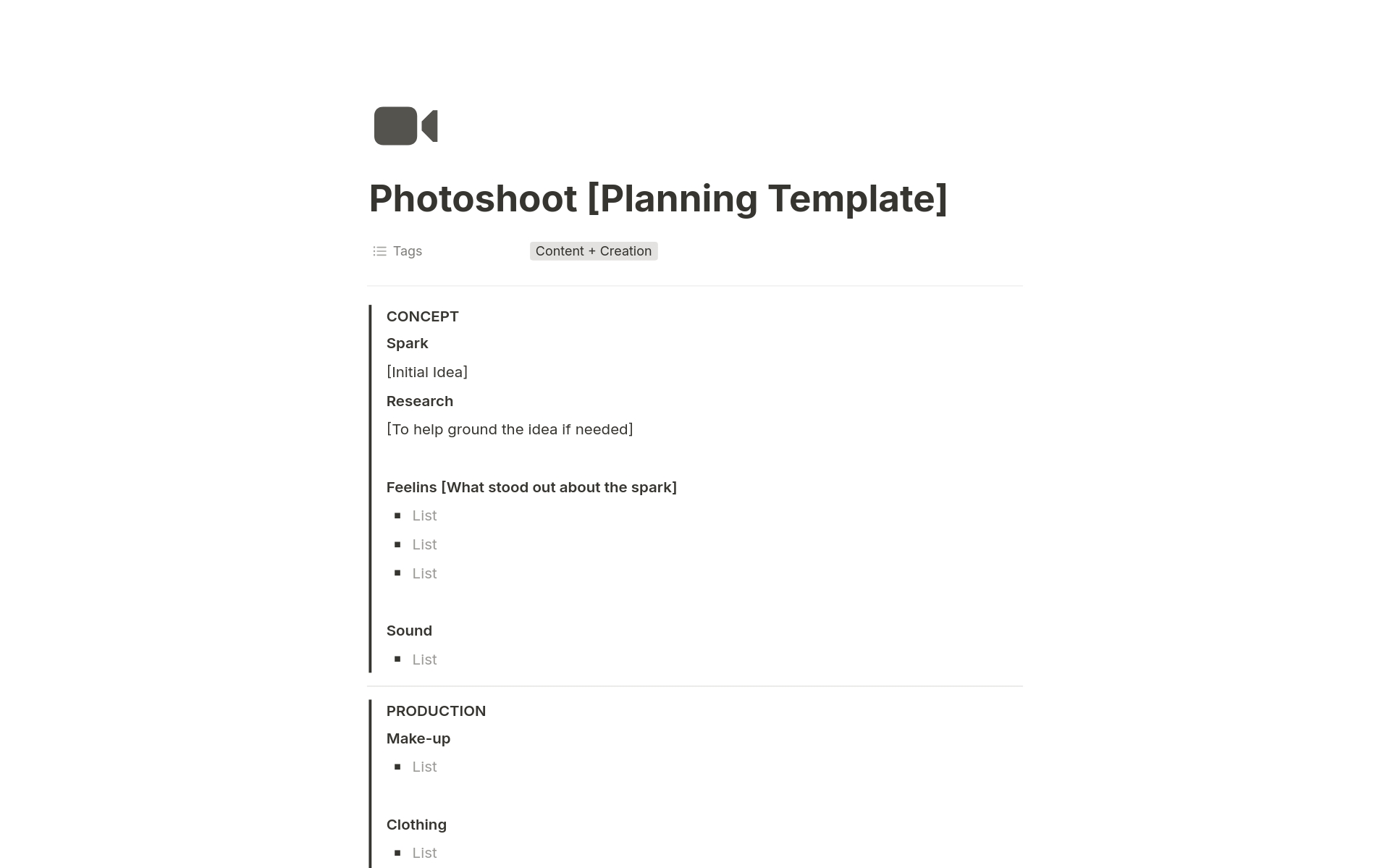 A template preview for Photoshoot Planning