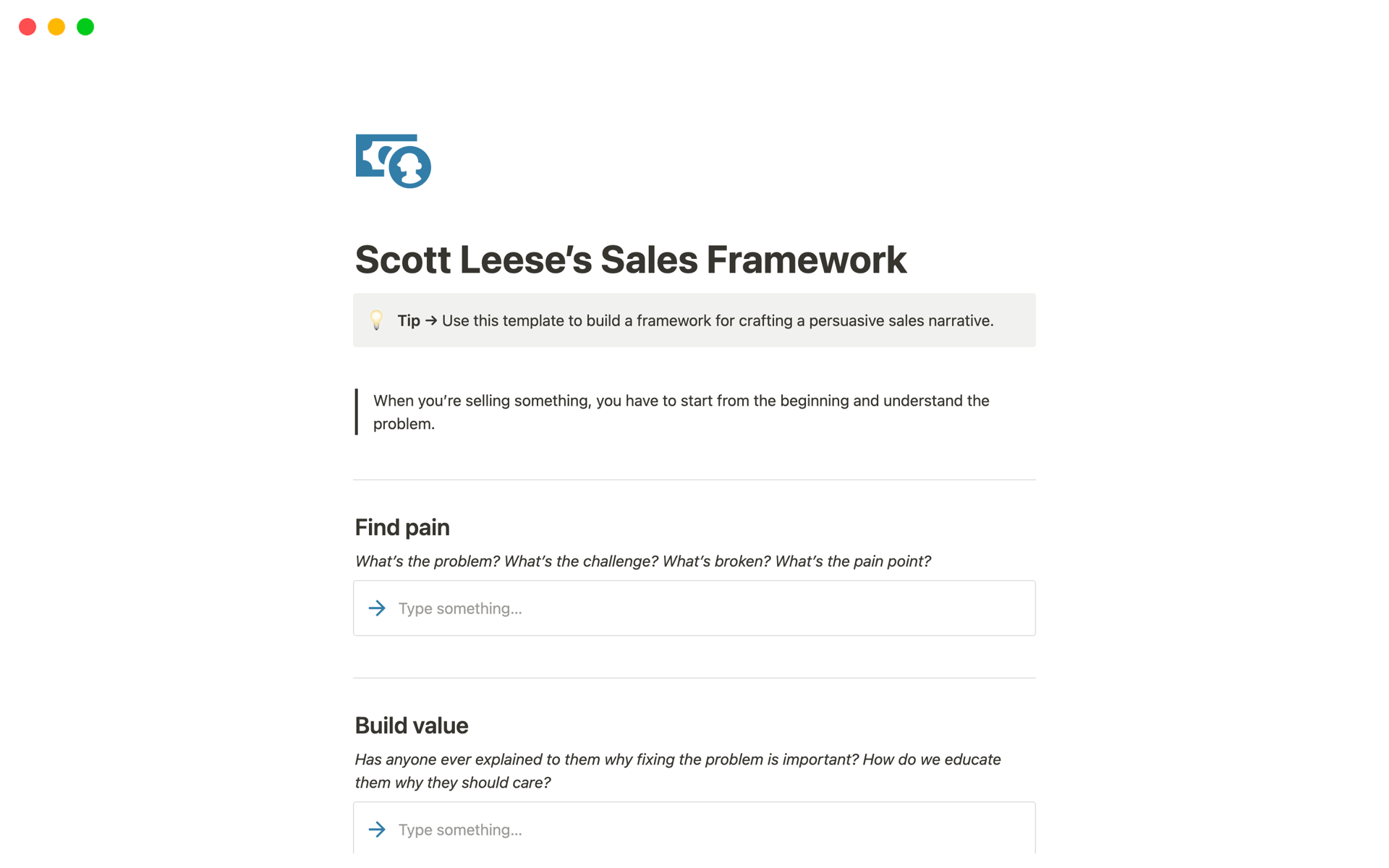 A template preview for Sales Framework