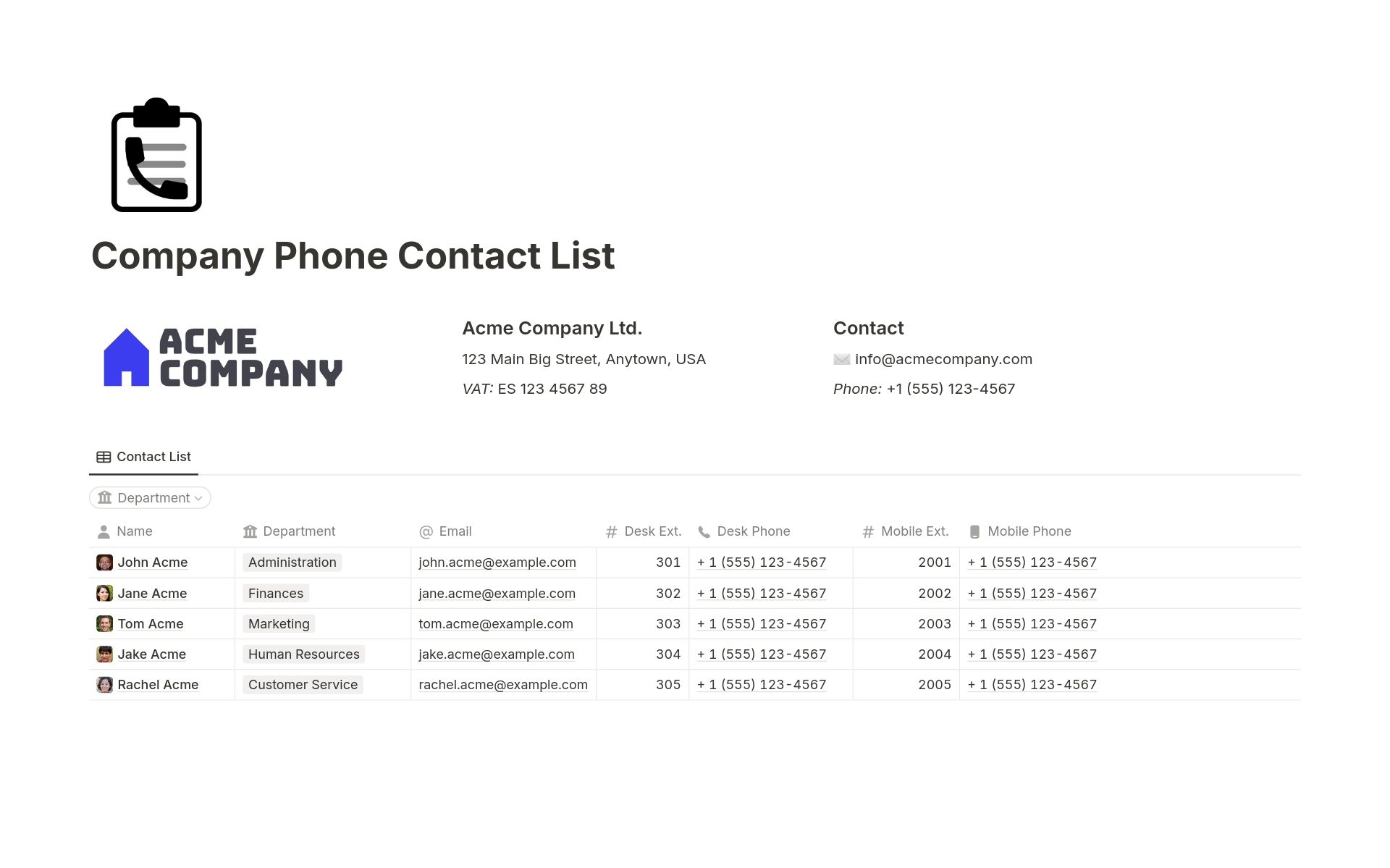 A template preview for Company Phone Contact List