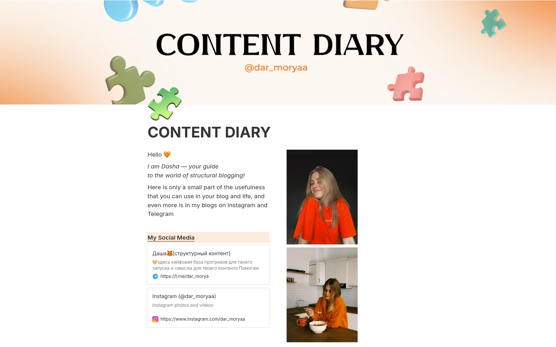 Eine Vorlagenvorschau für Content Diary