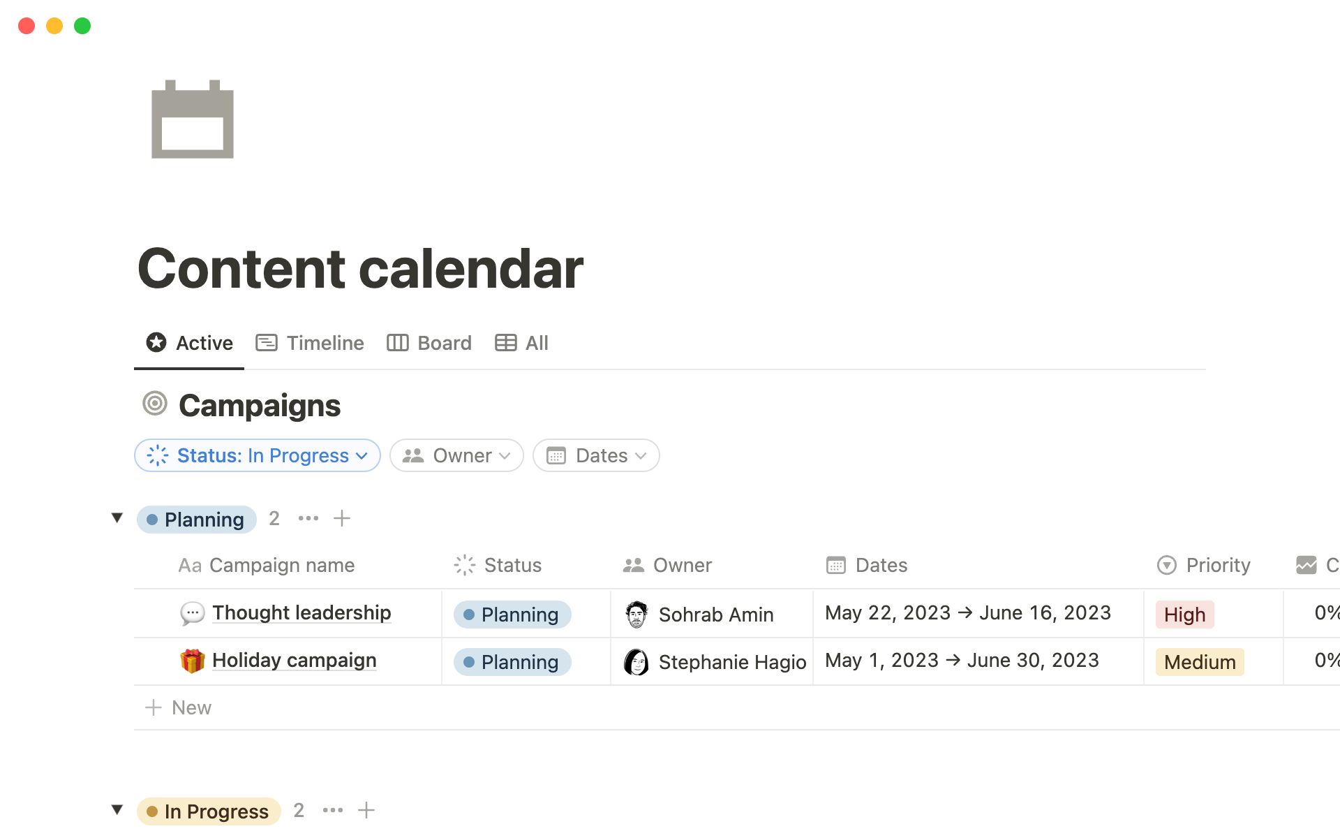 A template preview for Content calendar