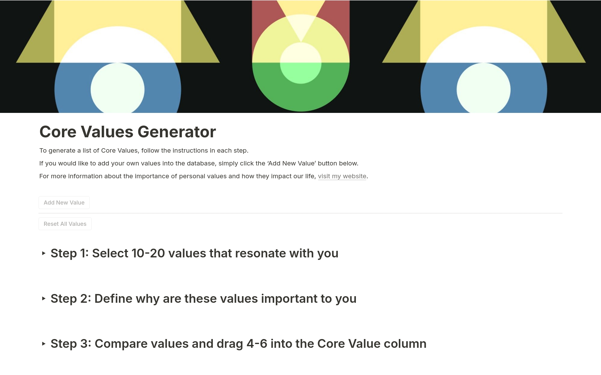 A template preview for Core Values Generator