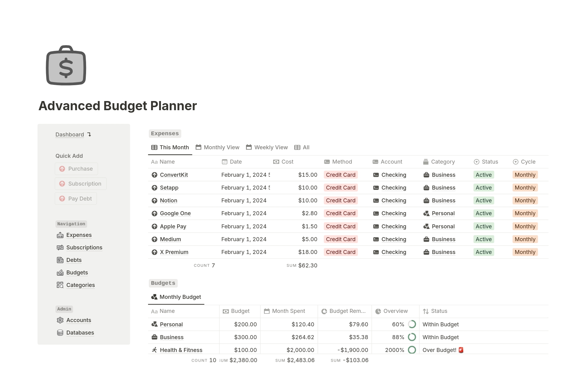 A template preview for Advanced Budget Planner