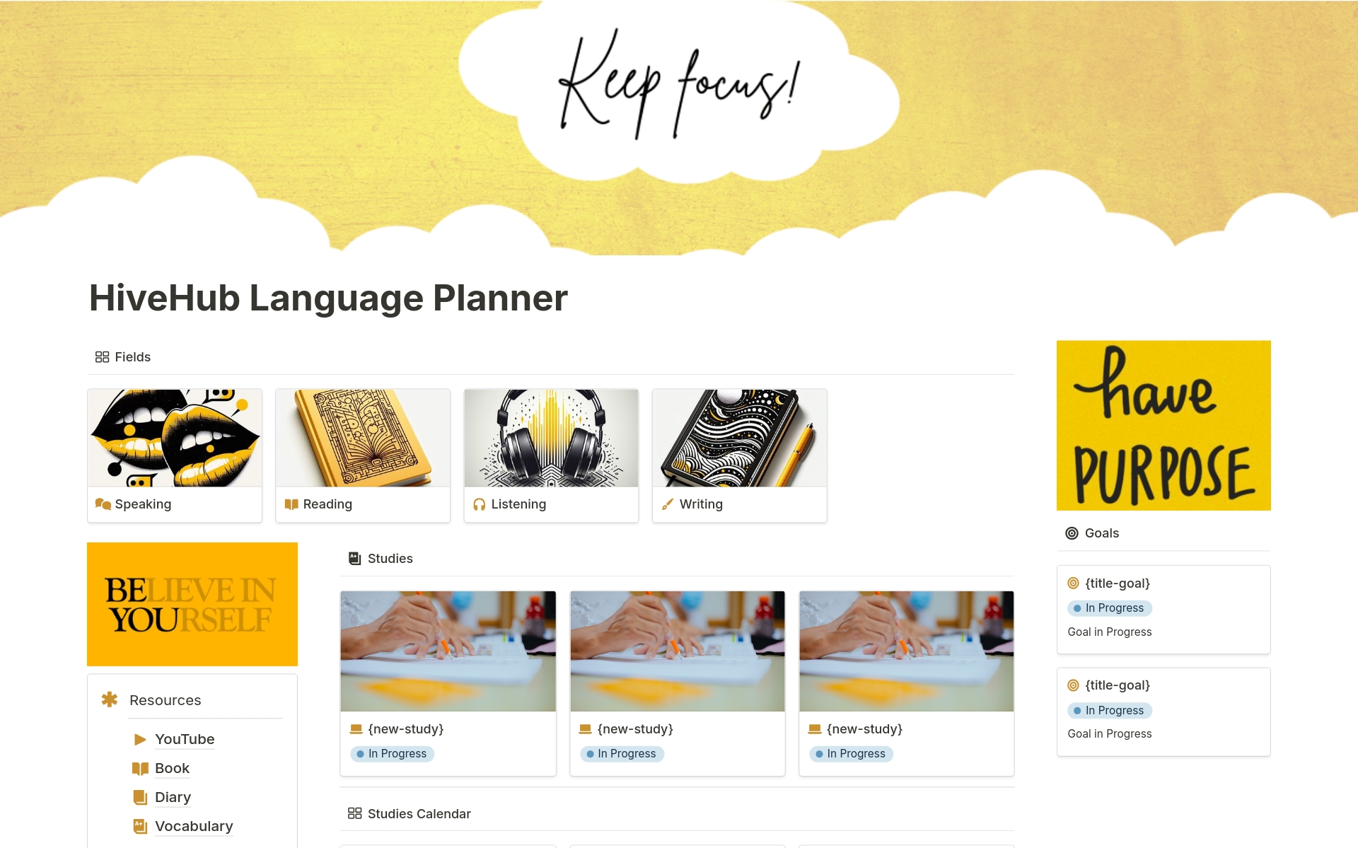 Eine Vorlagenvorschau für HiveHub Language Planner + Planner Action Plan