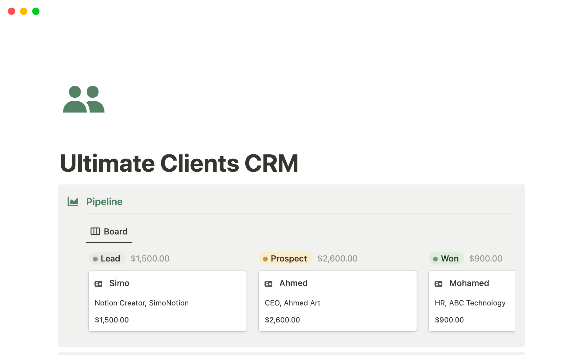Vista previa de una plantilla para Ultimate Clients CRM