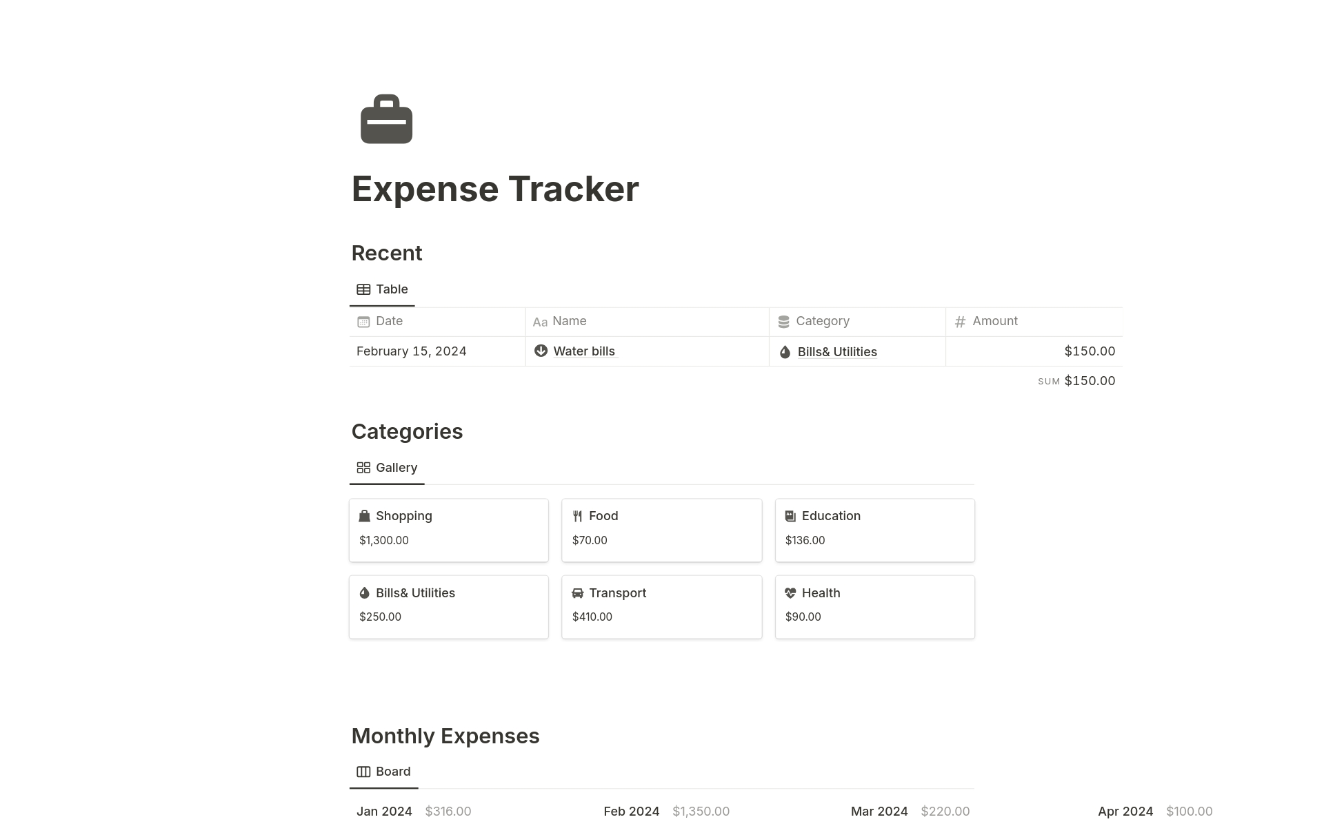 Uma prévia do modelo para Expenses Tracker 