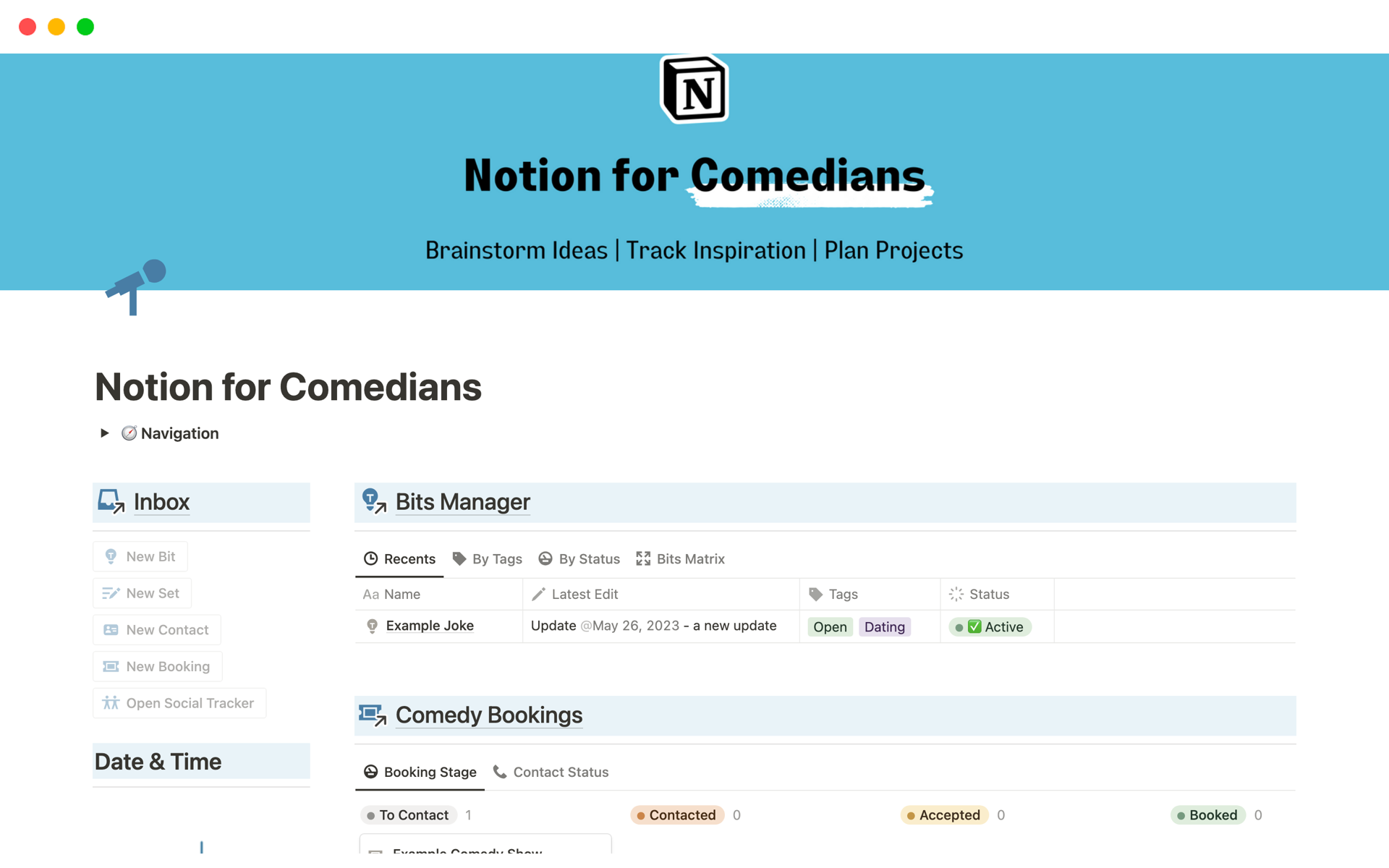 A template preview for Notion for Comedians