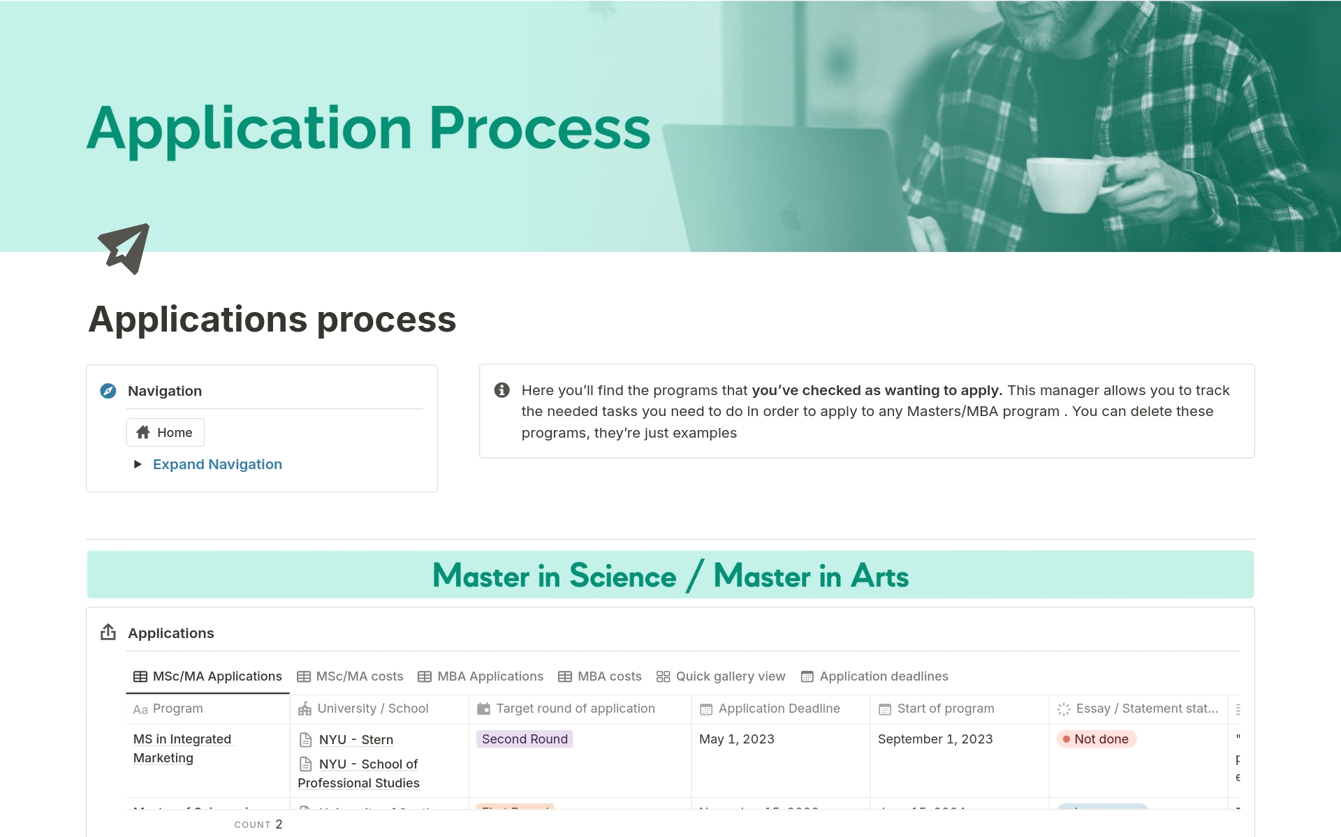 Let's you completely manage your Master's/MBA search, application, and enrollment processes.