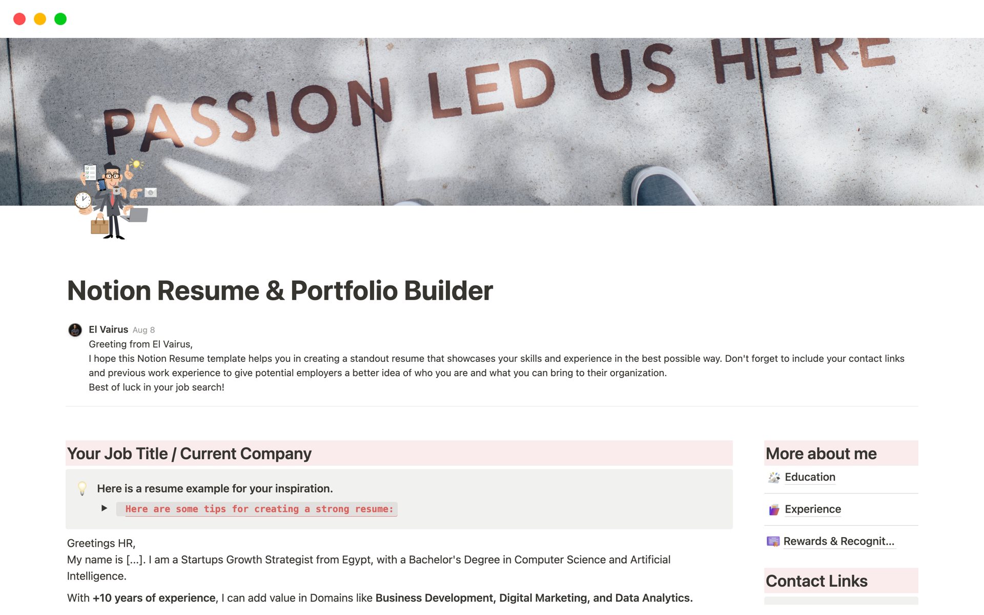 A template preview for Notion Resume & Portfolio Builder