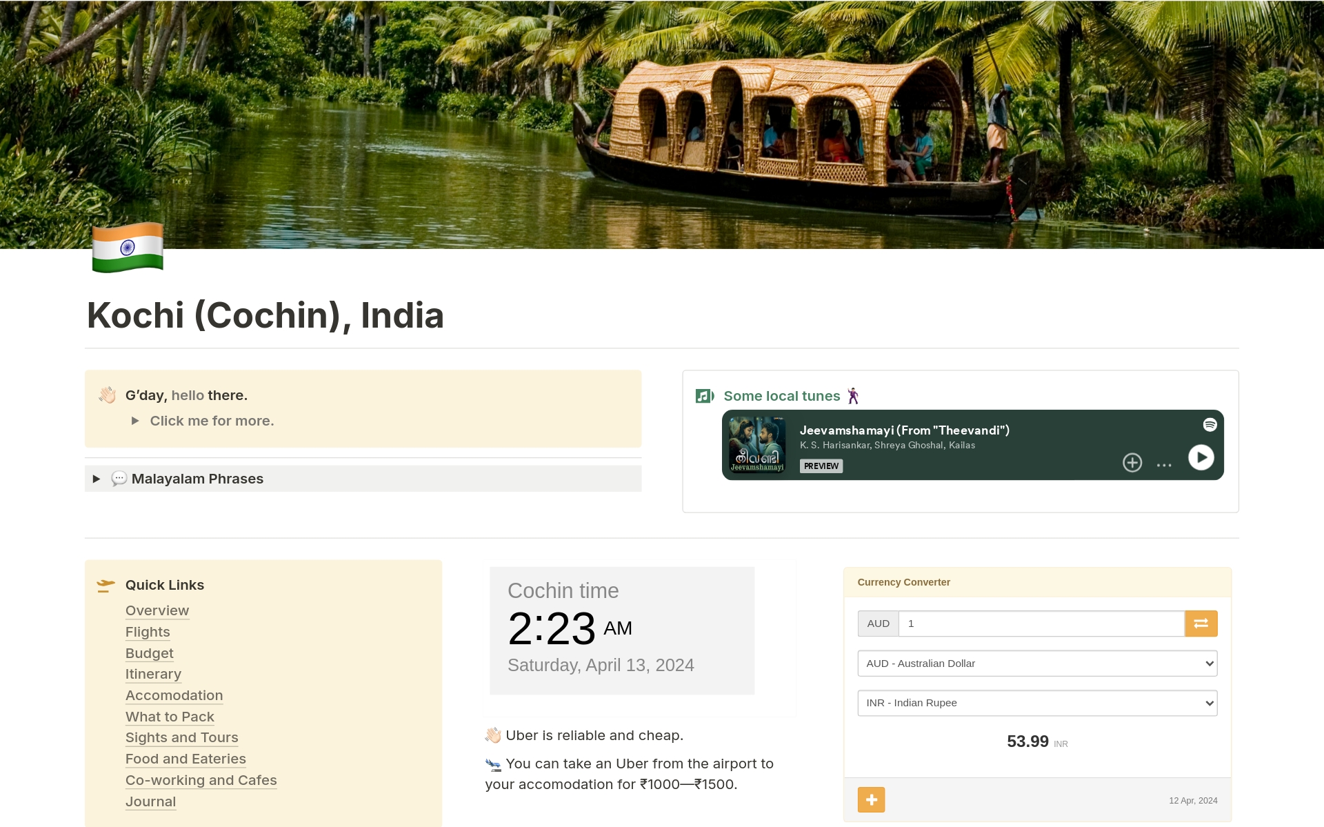 A template preview for Kochin, India. Travel Guide and Planner