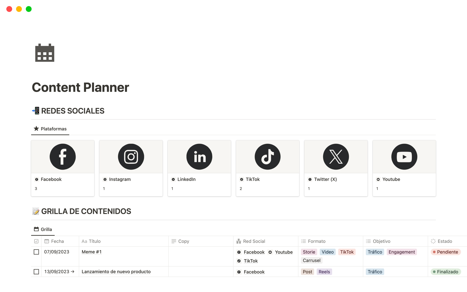 A template preview for Content Planner 
