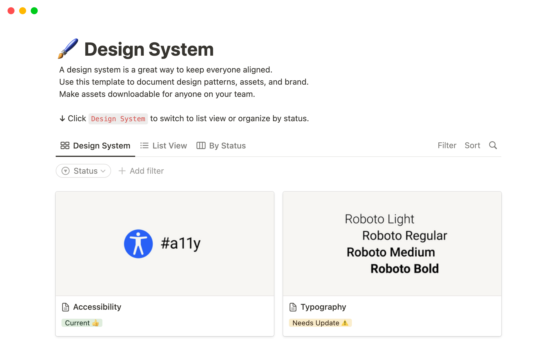 A template preview for Design System