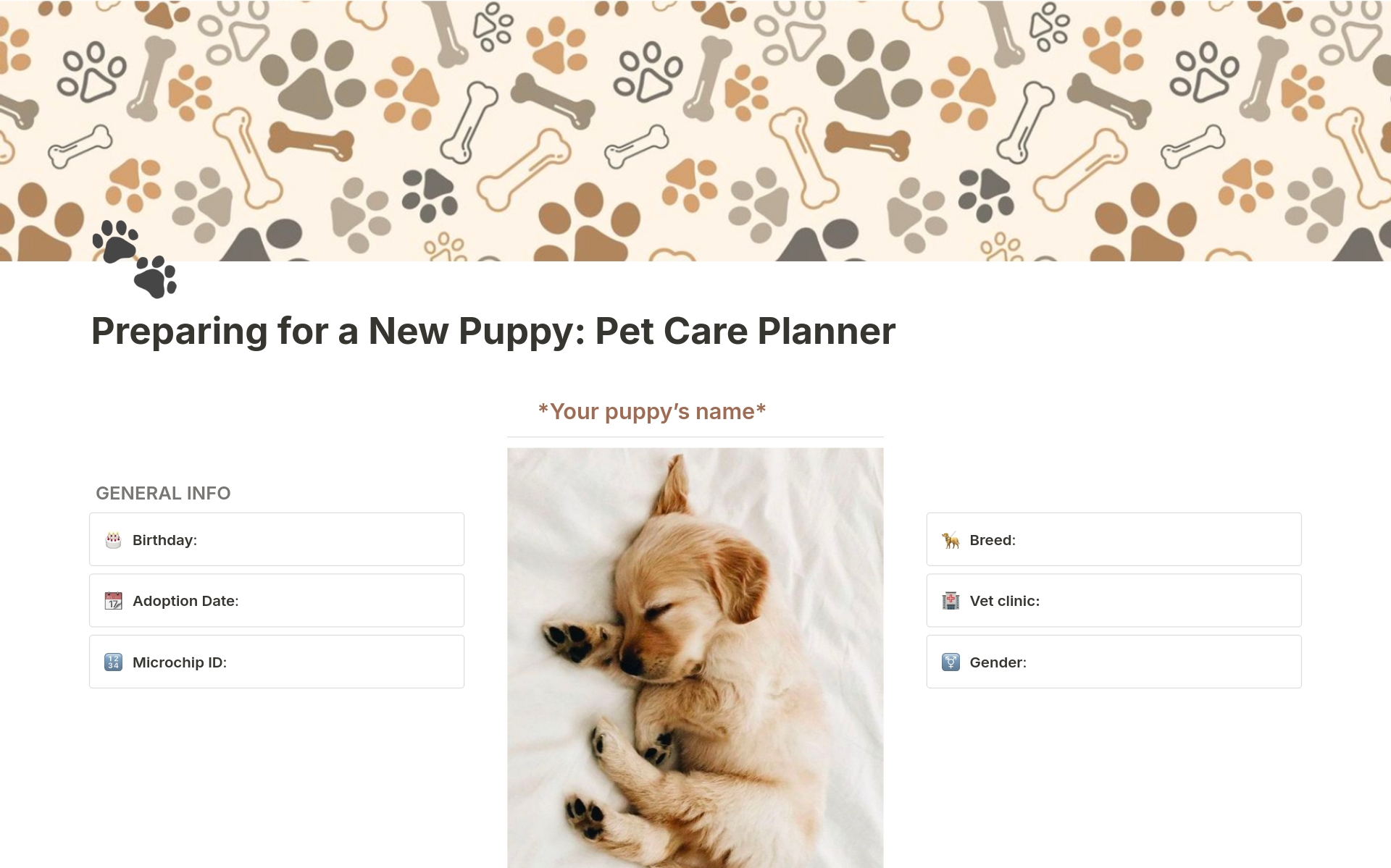 A template preview for Preparing for a New Puppy: Pet Care Planner
