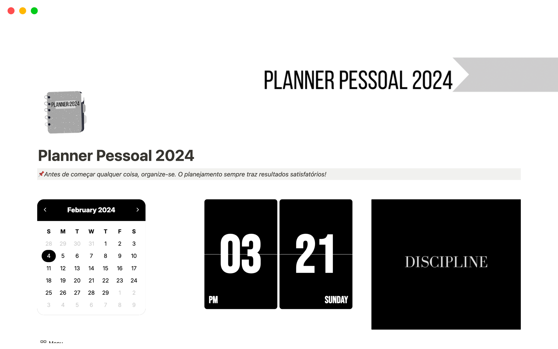 Vista previa de una plantilla para Planner Pessoal 2024