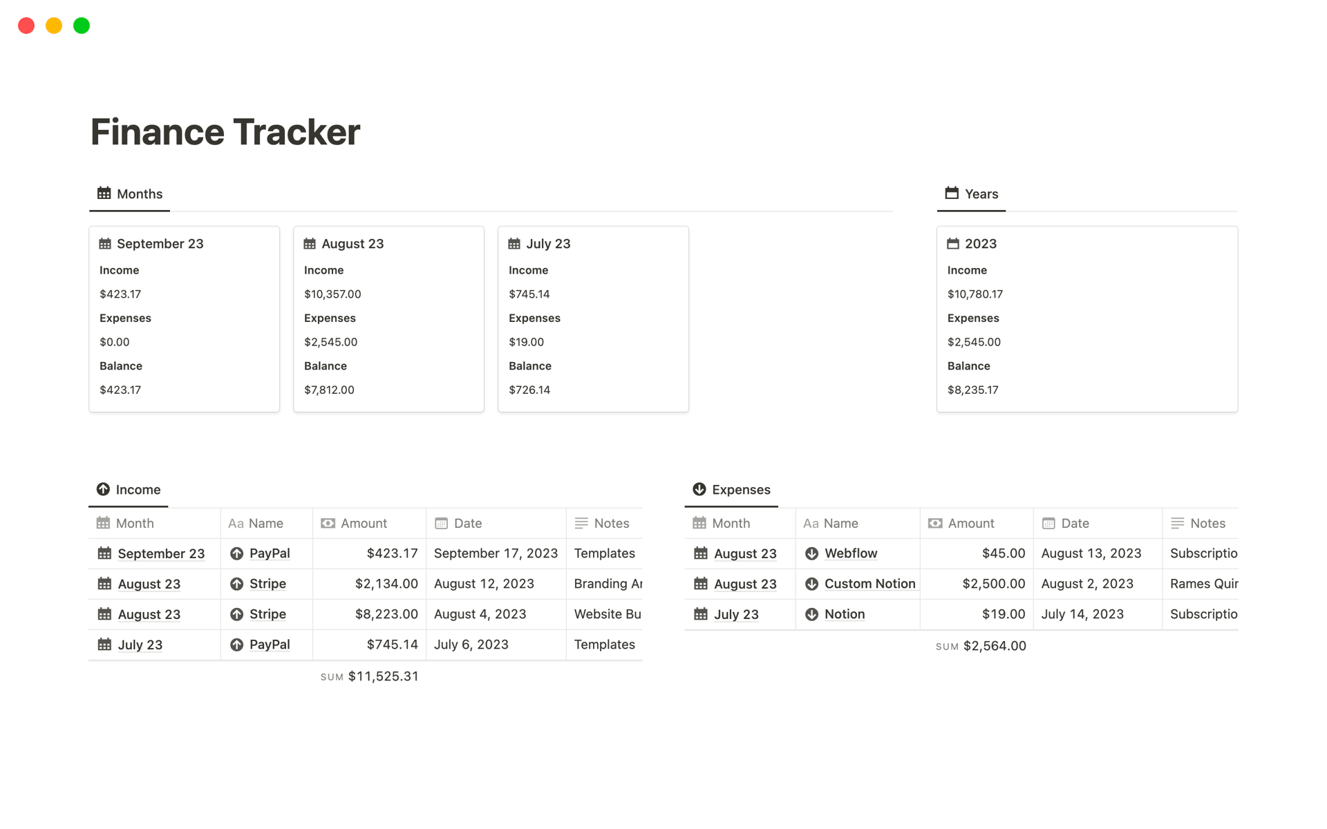 Vista previa de una plantilla para Simple Finance Tracker