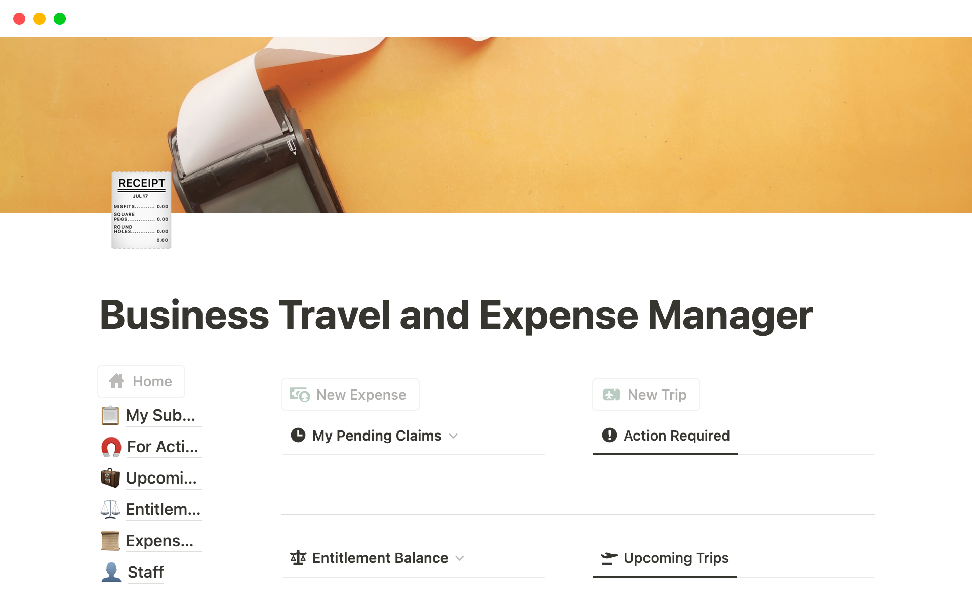 A template preview for Business Travel and Expense Manager