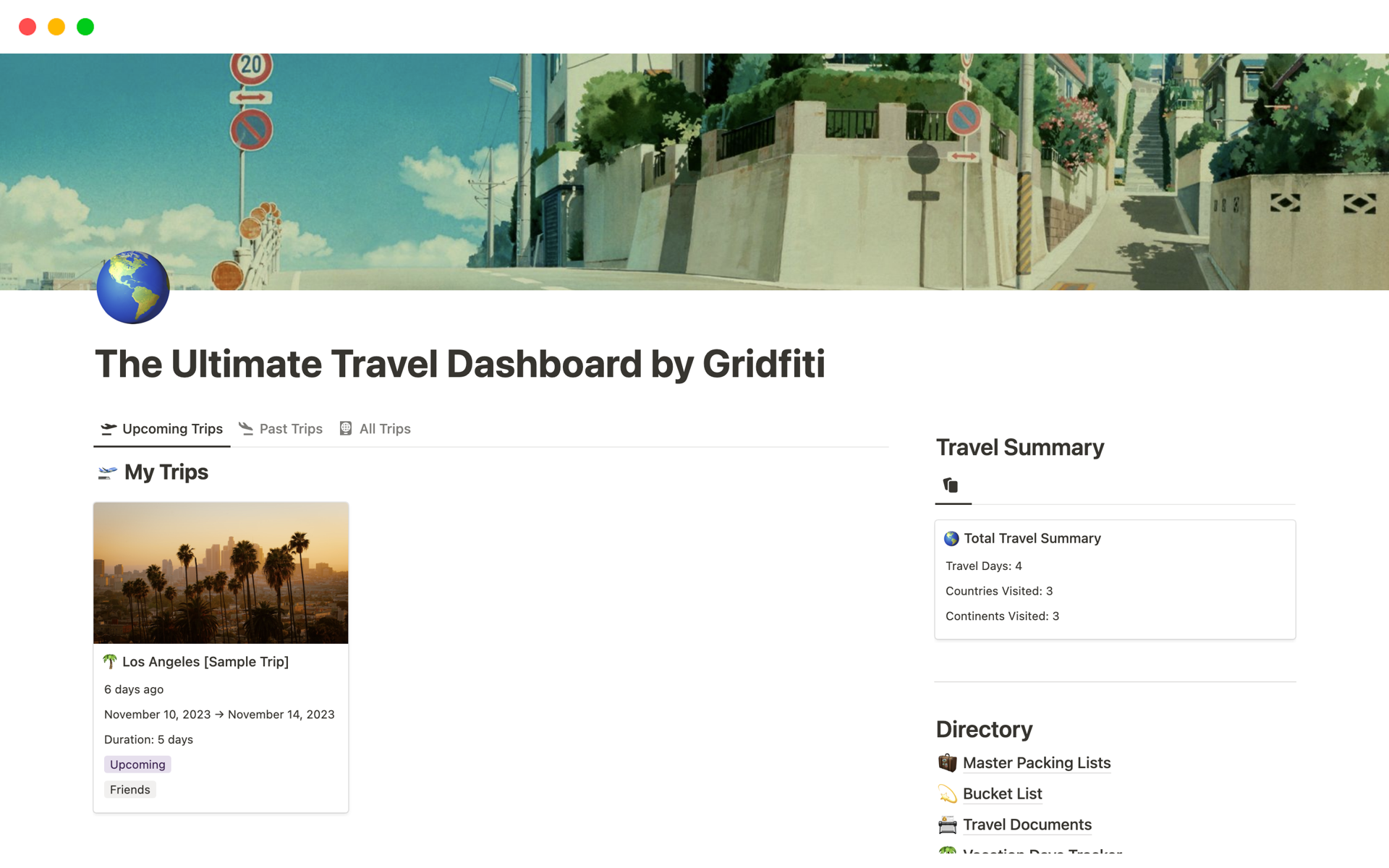A template preview for The Ultimate Travel Dashboard by Gridfiti