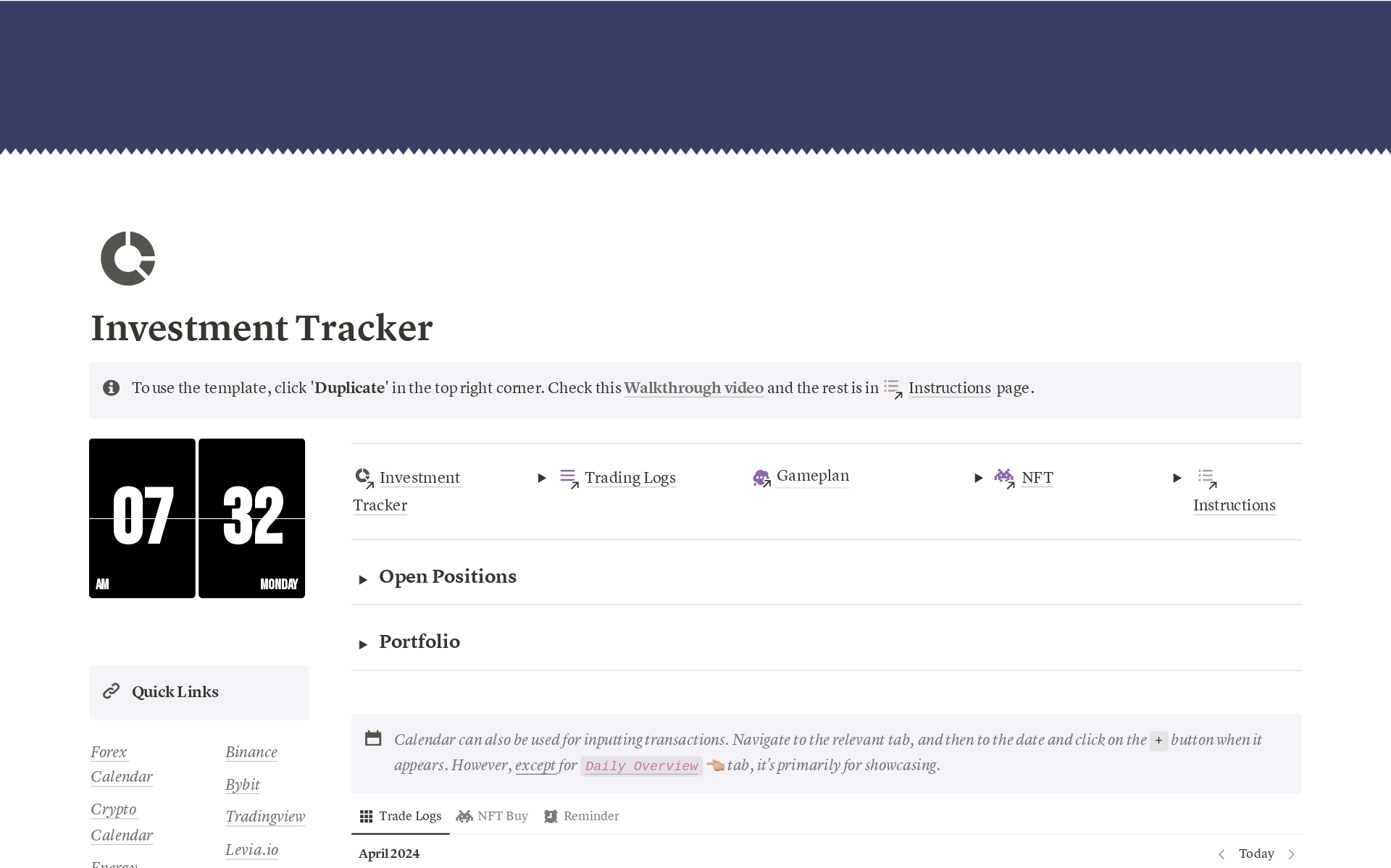 Track your investments / portfolio with this carefully created Notion template. Add your transactions, manage your positions, track your holdings with advanced Notion features. 
Bonus: NFT & Gem trackers.